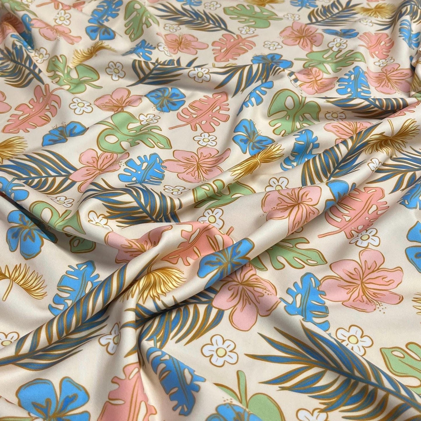 4 Way Stretch Print Spandex Fabric By The Yard Tricot Swim Wear Bikini Abstract Hibiscus Flower  Tropical Leaf Floral Denim Coral