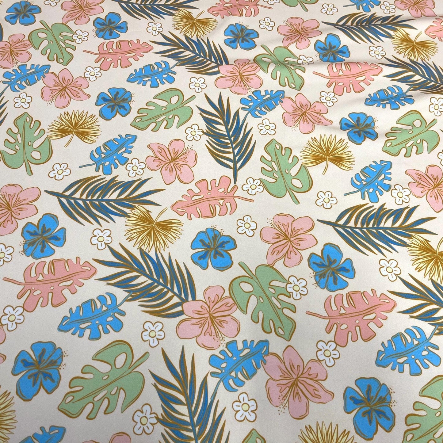 4 Way Stretch Print Spandex Fabric By The Yard Tricot Swim Wear Bikini Abstract Hibiscus Flower  Tropical Leaf Floral Denim Coral