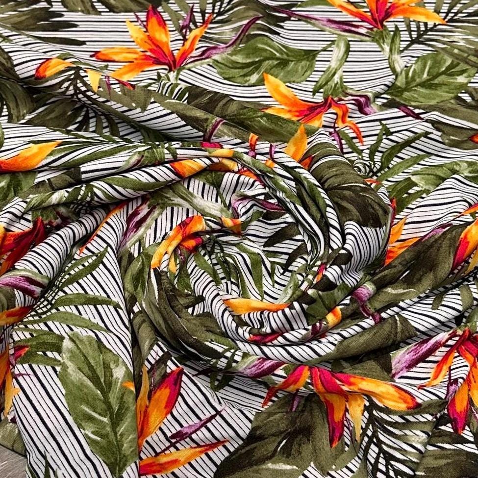 4 Way Stretch Print Nylon Spandex Fabric By The Yard Tricot Swim Wear Bikini Active Wear Striped Tropical Floral Flower Bird of Paradise