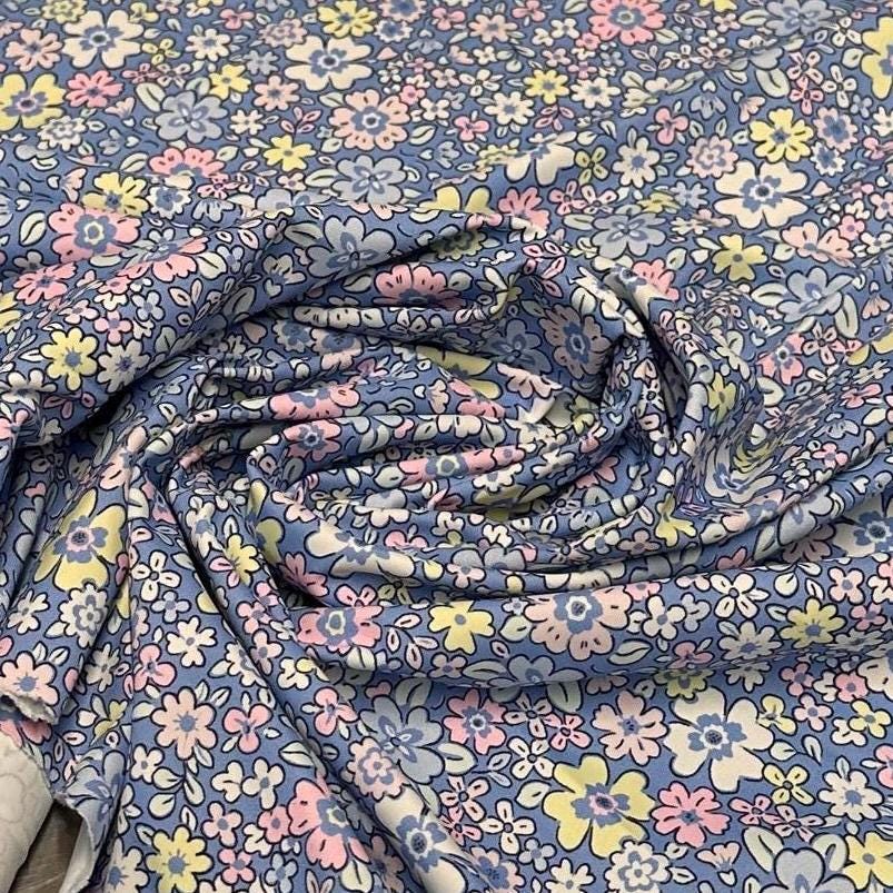 4 Way Stretch Print Nylon Spandex Fabric By The Yard Tricot Swim Wear Bikini Active Wear Mini Multicolor Floral Daisy Blue