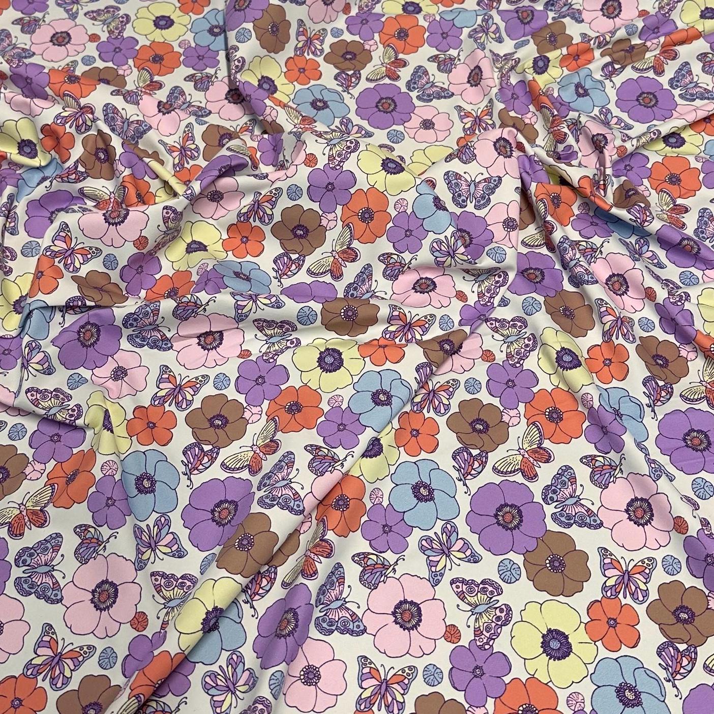4 Way Stretch Print Nylon Spandex Fabric By The Yard Swim Wear Bikini Active White Multicolor Daisy Butterfly 70s Retro Vintage