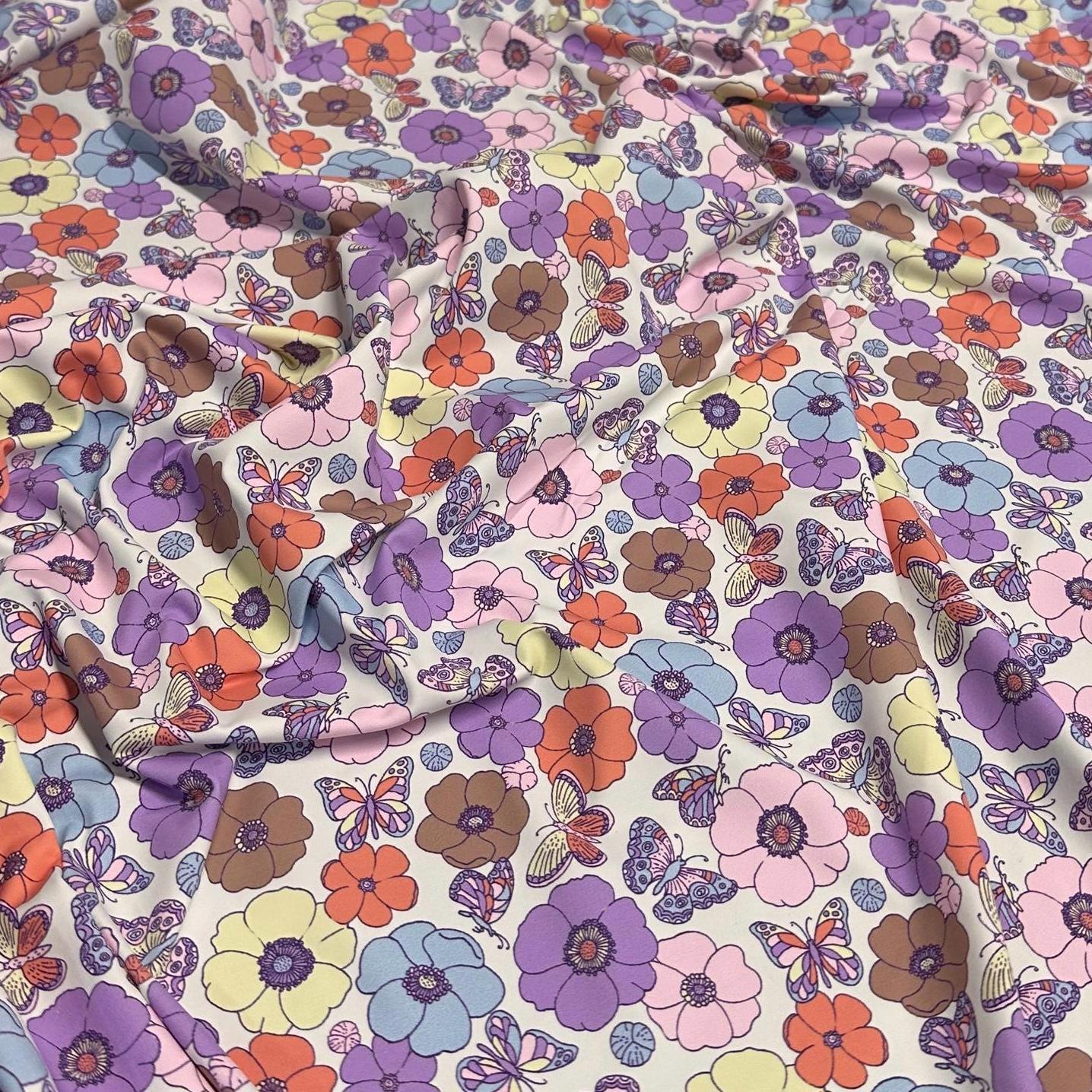 4 Way Stretch Print Nylon Spandex Fabric By The Yard Swim Wear Bikini Active White Multicolor Daisy Butterfly 70s Retro Vintage