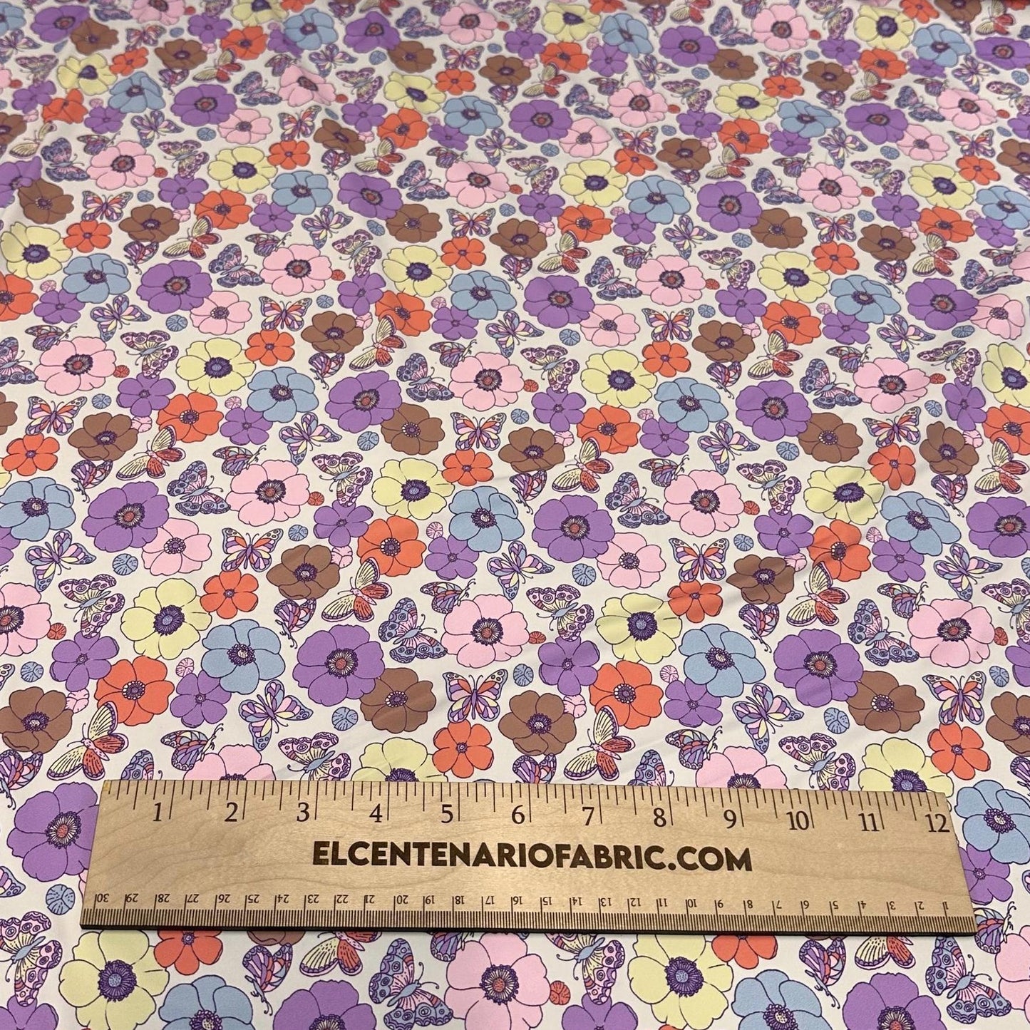 4 Way Stretch Print Nylon Spandex Fabric By The Yard Swim Wear Bikini Active White Multicolor Daisy Butterfly 70s Retro Vintage