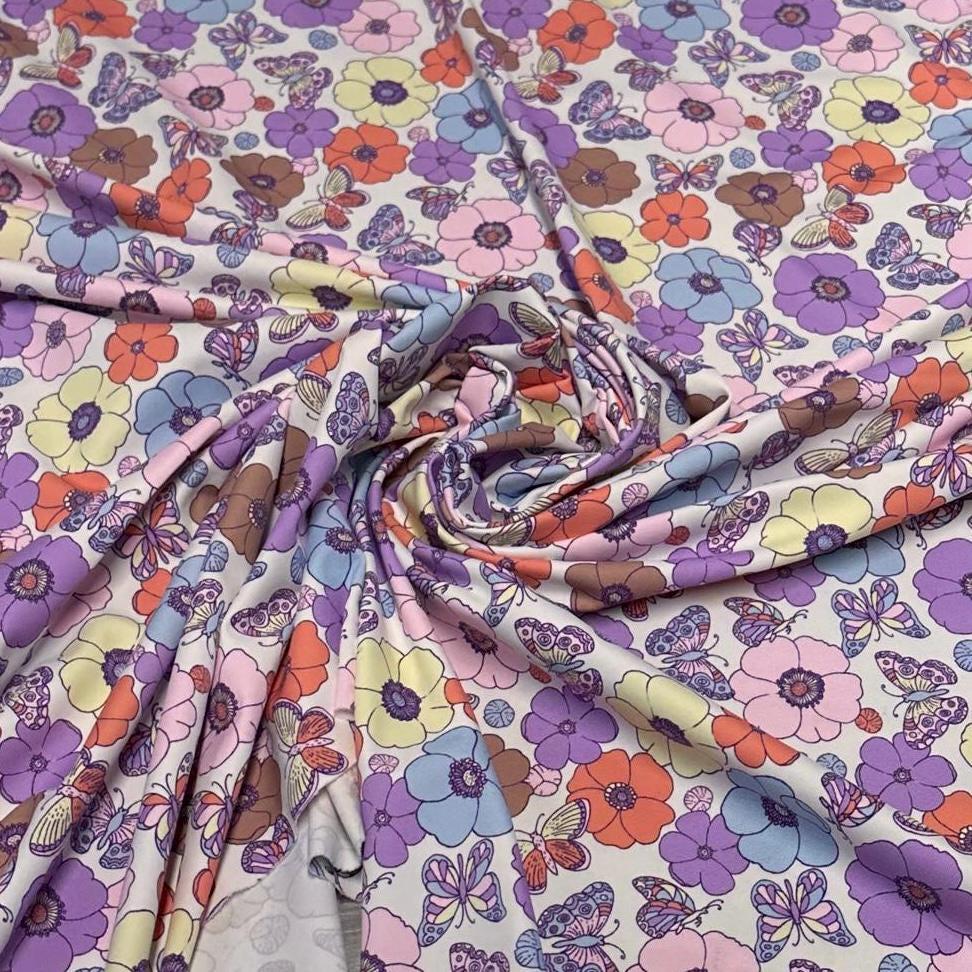 4 Way Stretch Print Nylon Spandex Fabric By The Yard Swim Wear Bikini Active White Multicolor Daisy Butterfly 70s Retro Vintage