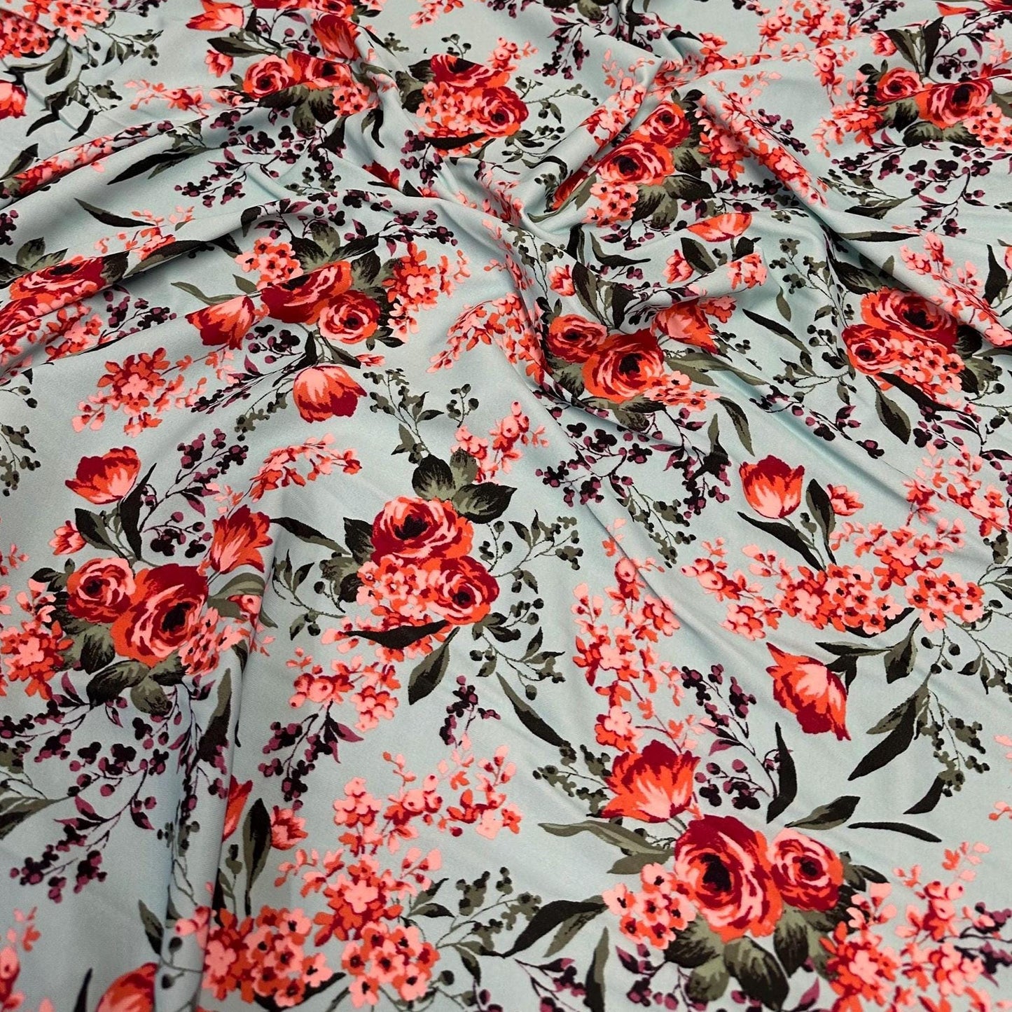 4 Way Stretch Print Nylon Spandex Fabric By The Yard Tricot Swim Wear Bikini Active Wear Rose Floral Carnation Soft Blue Red Flower
