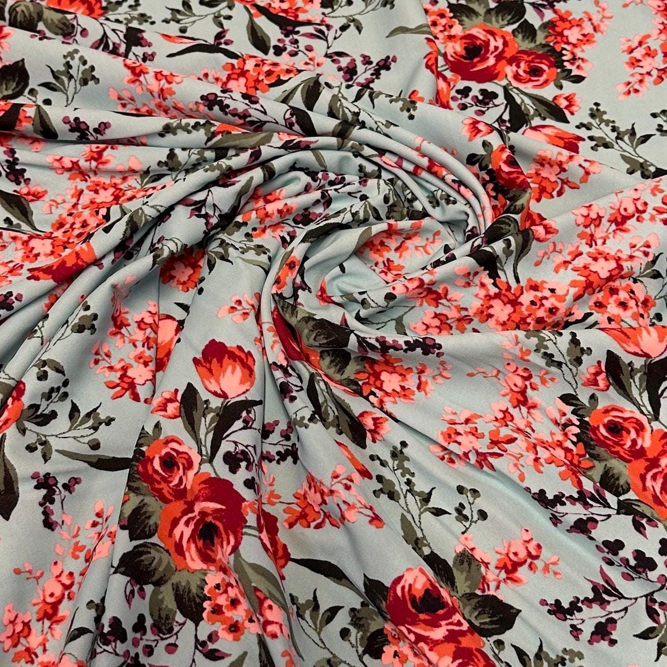 4 Way Stretch Print Nylon Spandex Fabric By The Yard Tricot Swim Wear Bikini Active Wear Rose Floral Carnation Soft Blue Red Flower