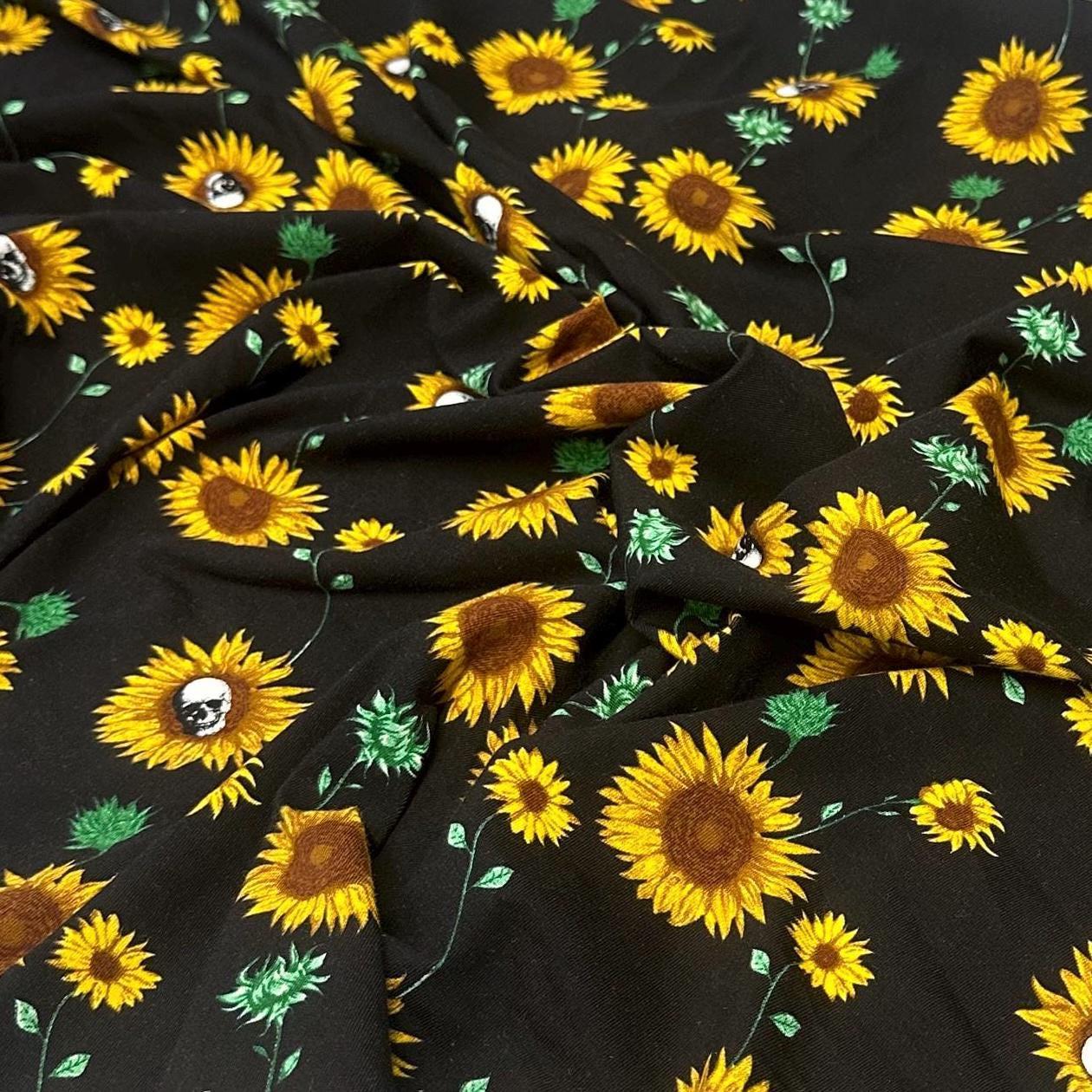 Heavy Weight Cotton Spandex 4 Way Stretch Sunflower Skull Gothic Print Fabric By The Yard 240 GSM