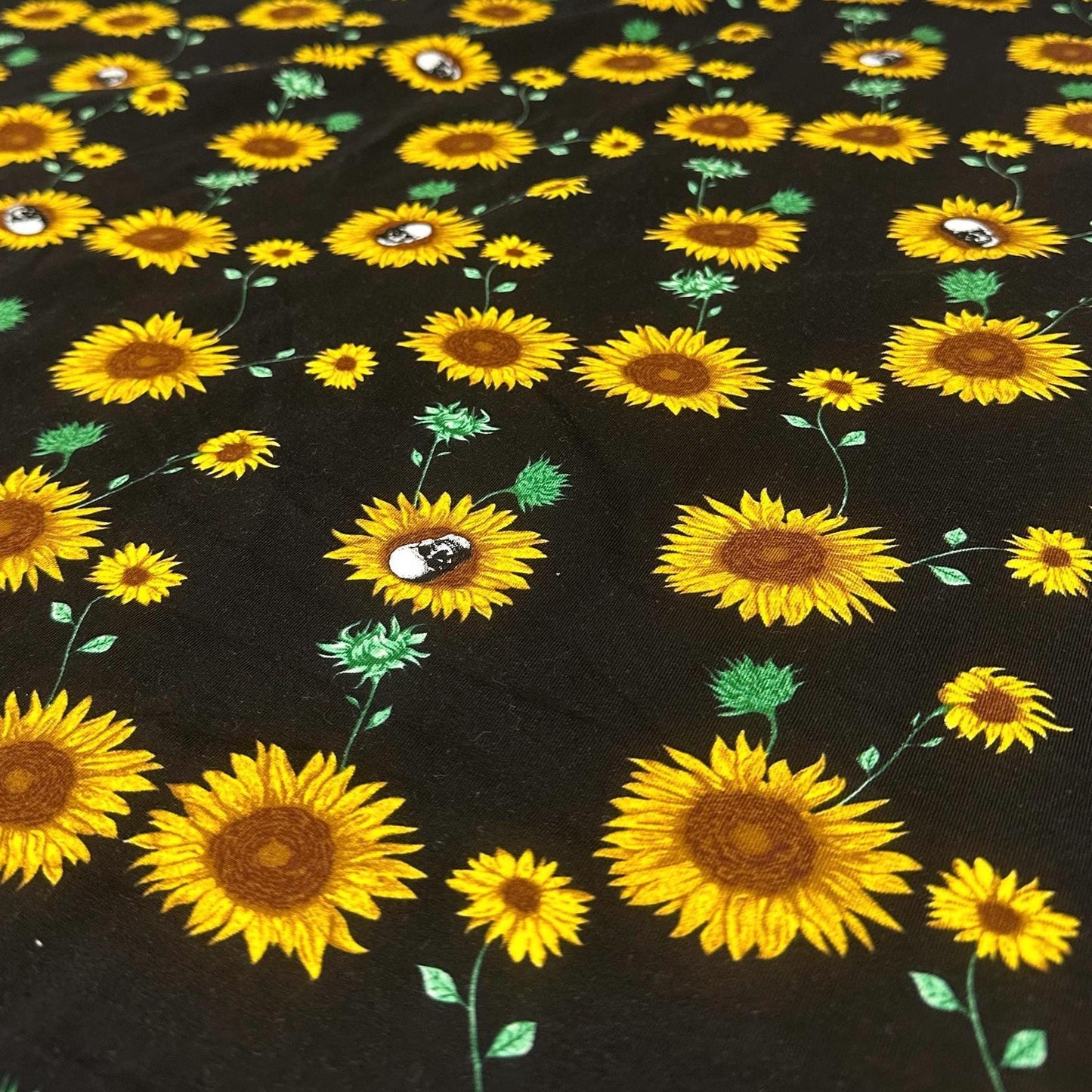 Heavy Weight Cotton Spandex 4 Way Stretch Sunflower Skull Gothic Print Fabric By The Yard 240 GSM