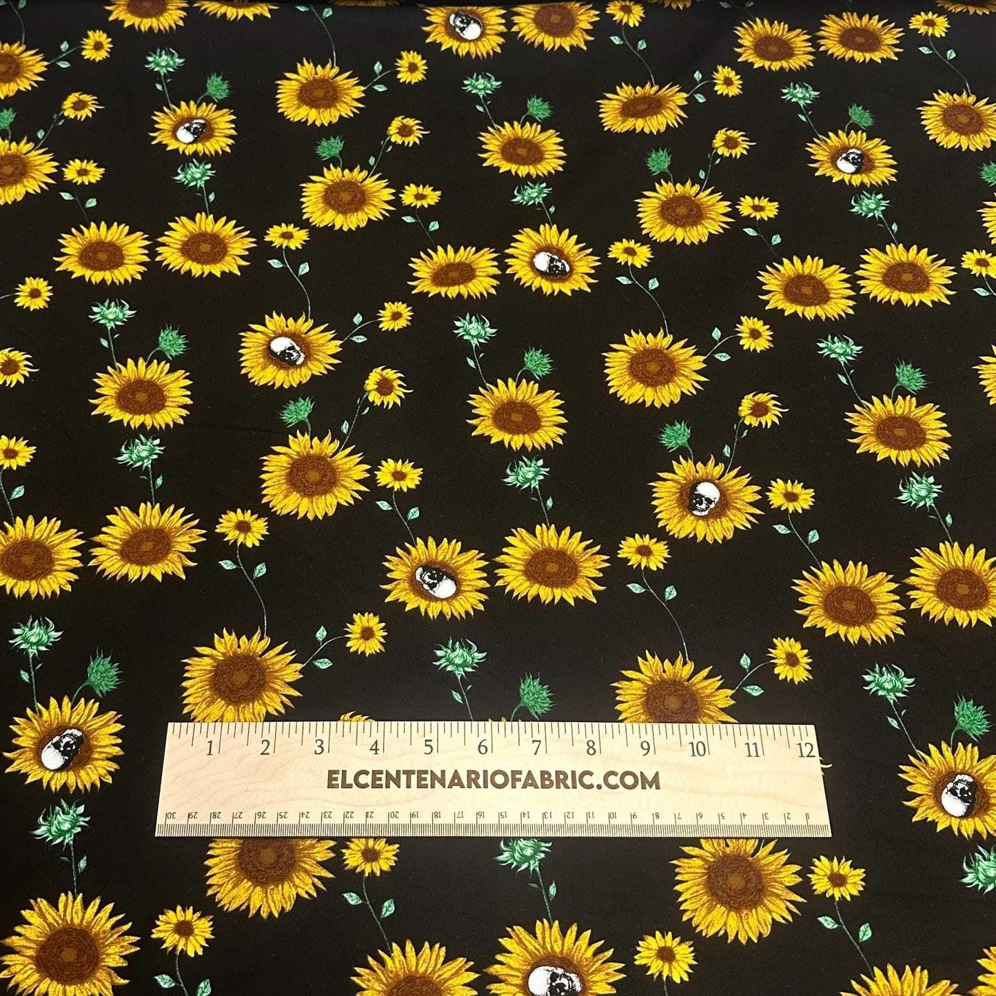 Heavy Weight Cotton Spandex 4 Way Stretch Sunflower Skull Gothic Print Fabric By The Yard 240 GSM