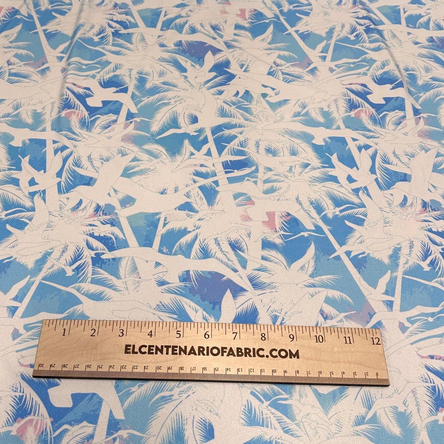 4 Way Stretch Print Nylon Spandex Fabric By The Yard Tricot Swim Wear Bikini Active Wear Tropical Ocean Palm Tree Beach Seagull Baby Blue