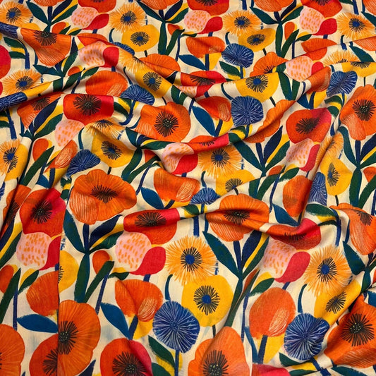 4 Way Stretch Print Spandex Fabric By The Yard Tricot Swim Wear Bikini Abstract Vibrant Bold Multicolor Floral Orange Red Flower