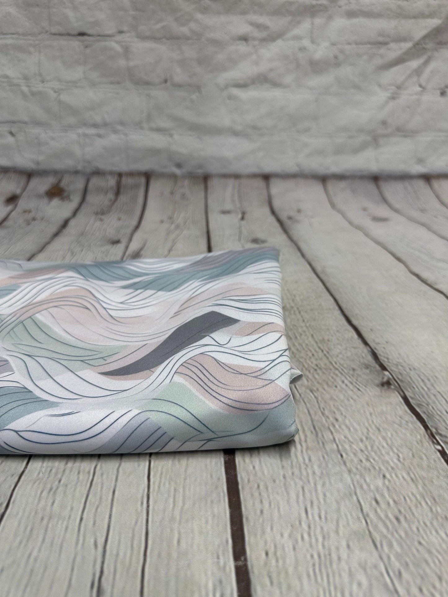 4 Way Stretch Print Spandex Fabric By The Yard Tricot Swim Wear Bikini Pastel Sage Hazy Wave Water 280 GSM