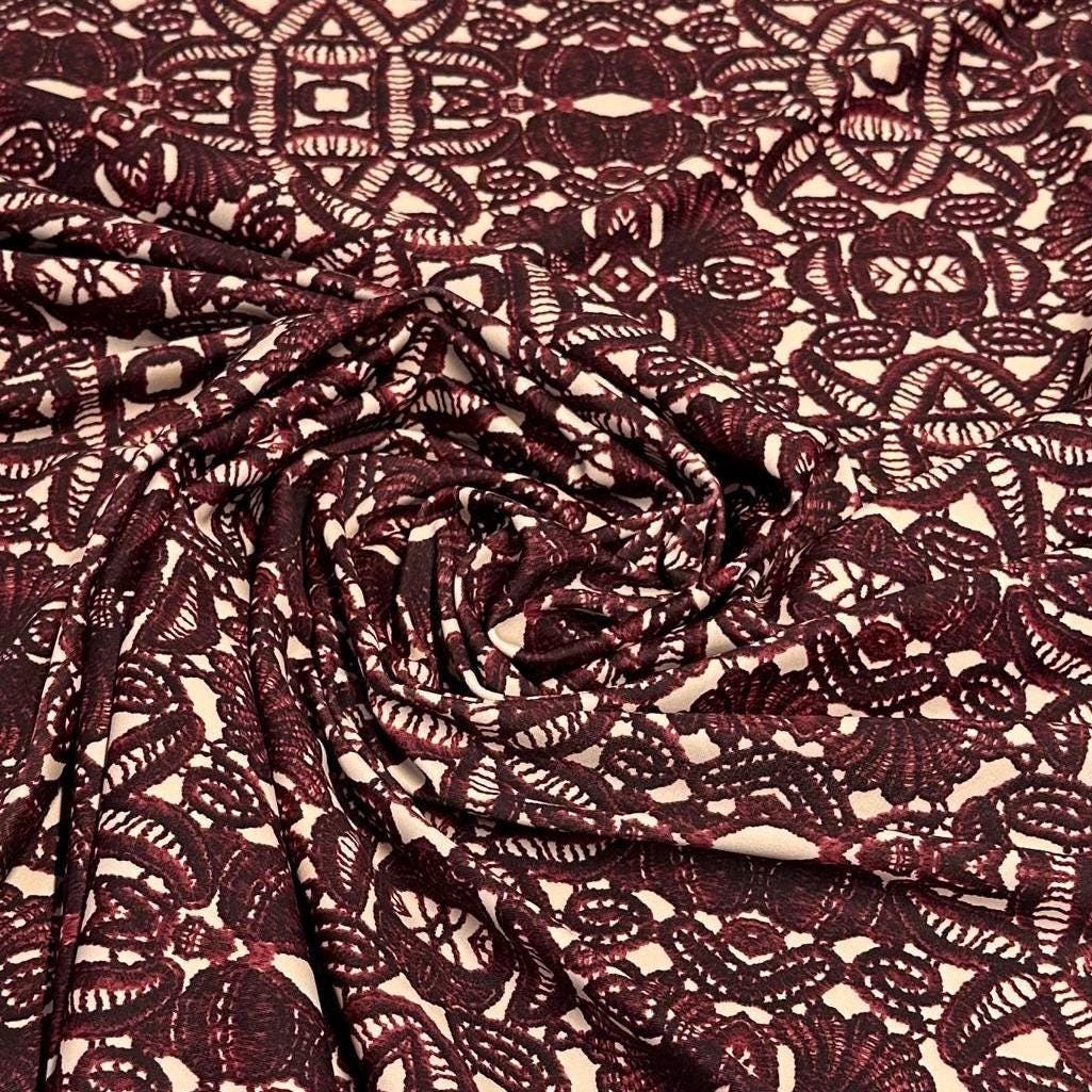 4 Way Stretch Assorted Print Nylon Spandex Fabric By The Yard Tricot Swim Wear Bikini Active Wear Geometric Abstract Burgundy Print 280 GSM
