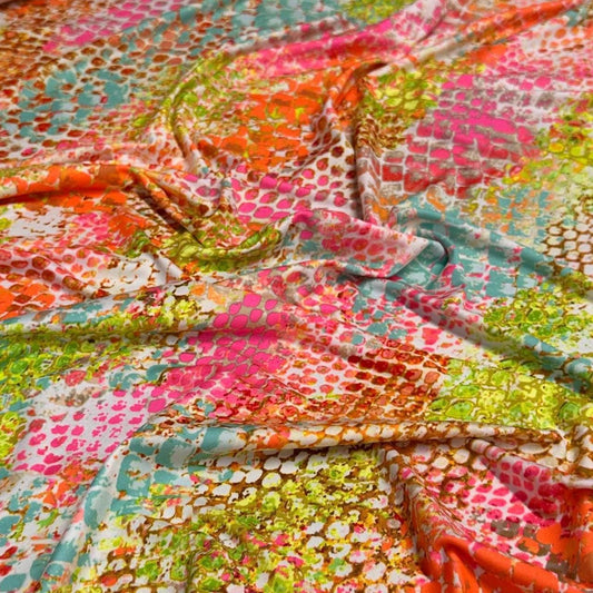 4 Way Stretch Print Nylon Spandex Fabric By The Yard Tricot Swim Wear Bikini Active Wear Snake Skin Reptile Anaconda Bright Mulitcolor Neon