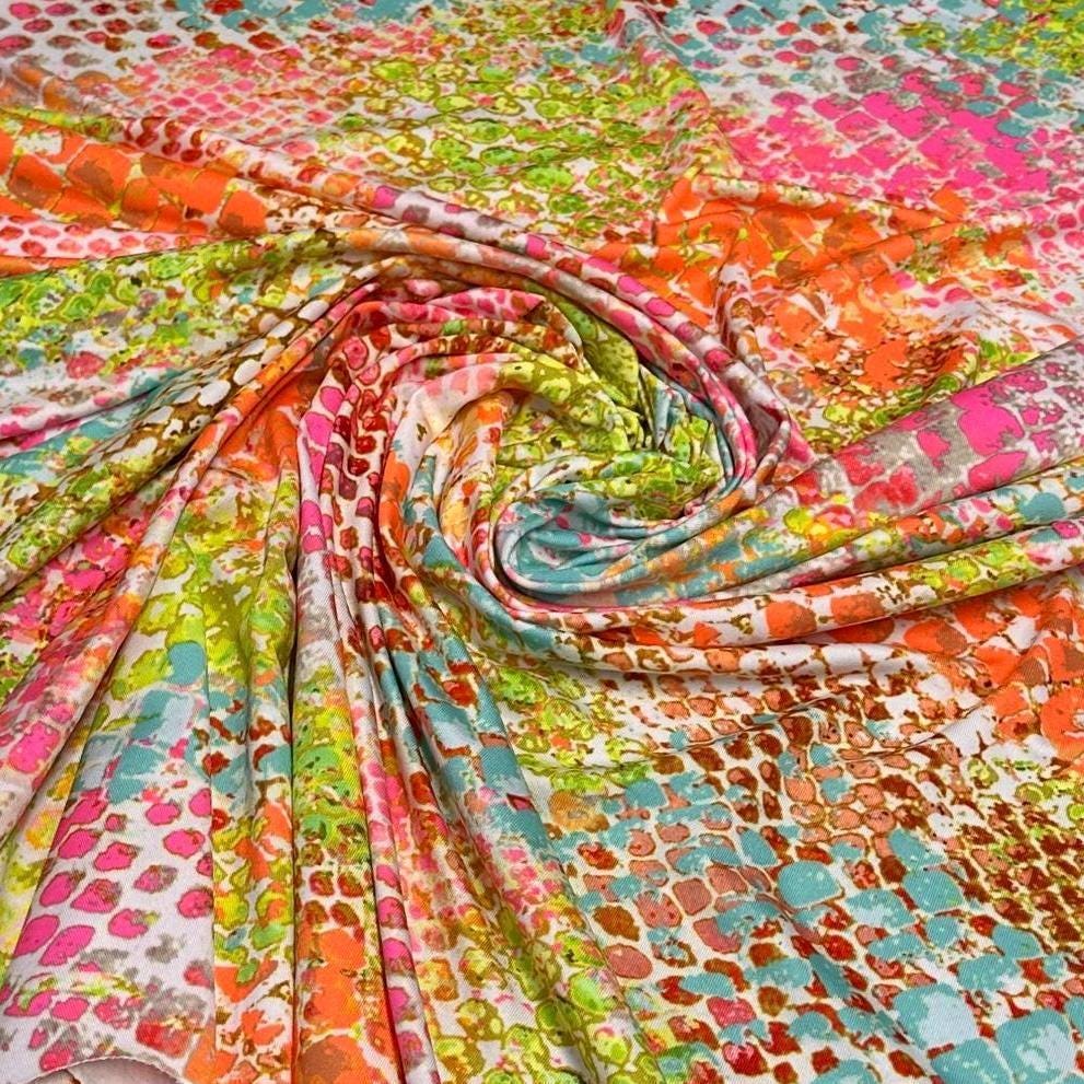 4 Way Stretch Print Nylon Spandex Fabric By The Yard Tricot Swim Wear Bikini Active Wear Snake Skin Reptile Anaconda Bright Mulitcolor Neon