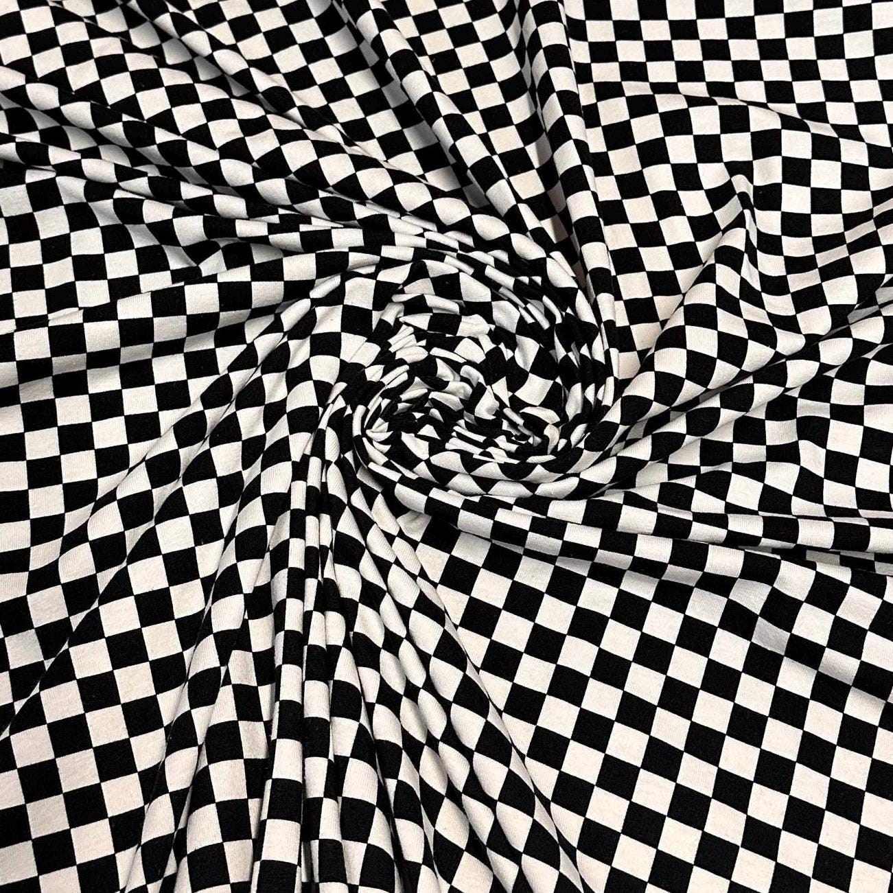 Medium Weight Cotton Spandex Black White Checkered Print Fabric By The Yard Checker Board 170 GSM