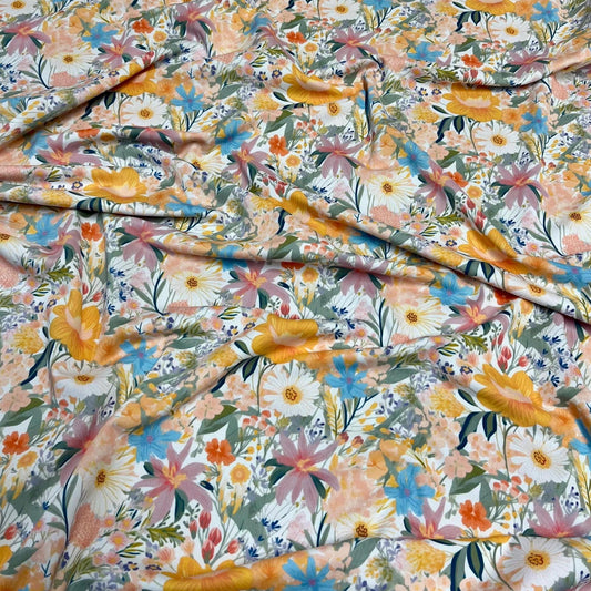 4 Way Stretch Print Nylon Spandex Fabric By The Yard Tricot Swim Wear Bikini Active Wear Floral Vinatge Floral Daisy Multicolor White Yellow
