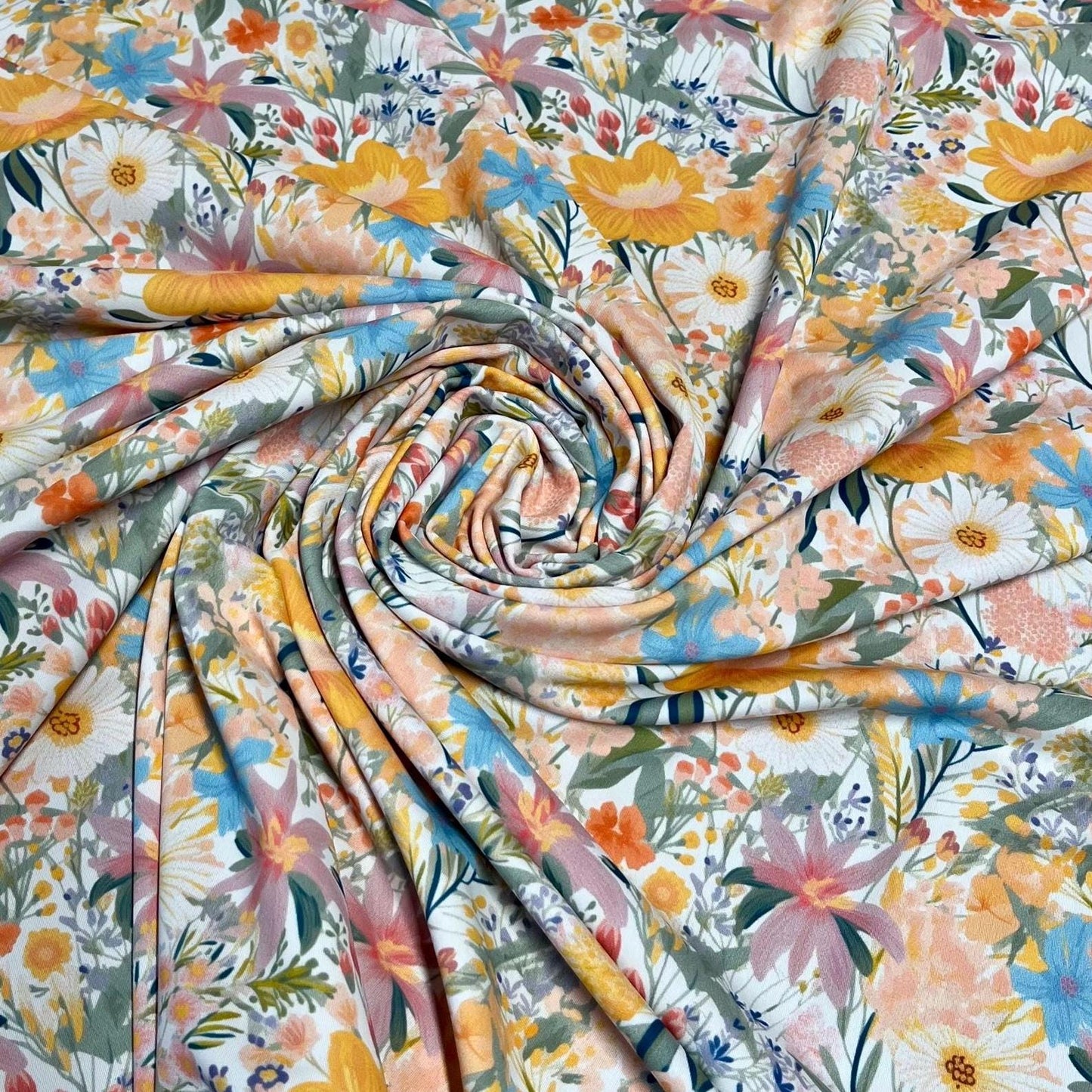 4 Way Stretch Print Nylon Spandex Fabric By The Yard Tricot Swim Wear Bikini Active Wear Floral Vinatge Floral Daisy Multicolor White Yellow