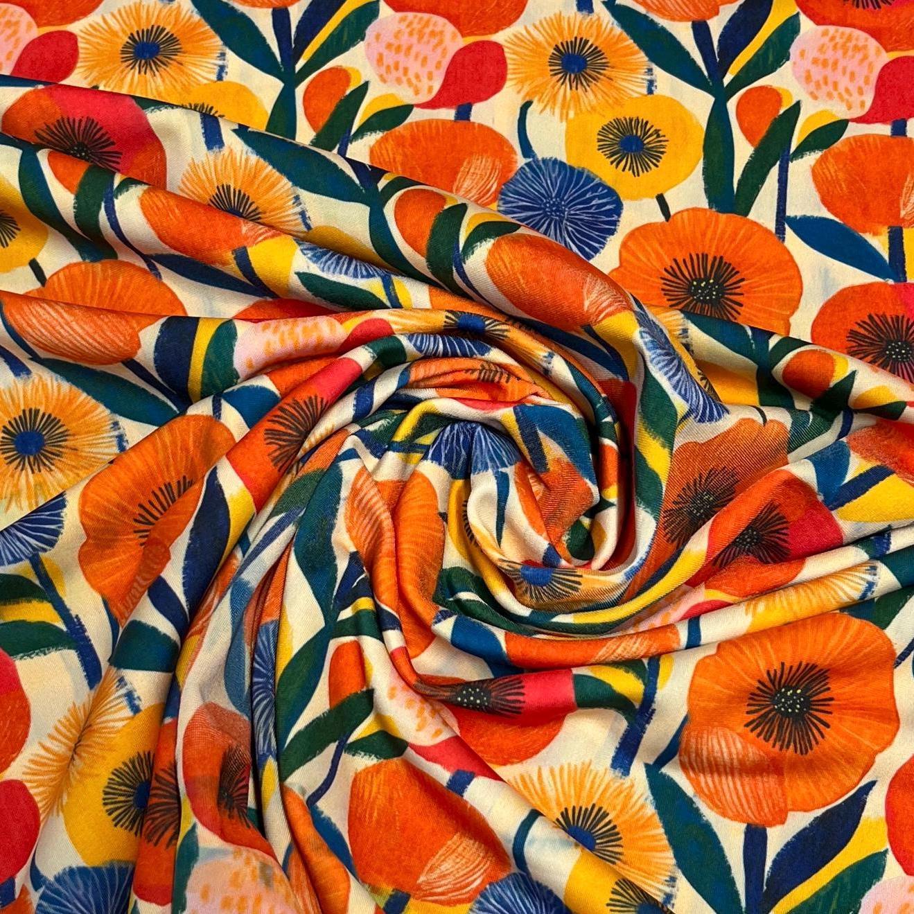 4 Way Stretch Print Spandex Fabric By The Yard Tricot Swim Wear Bikini Abstract Vibrant Bold Multicolor Floral Orange Red Flower