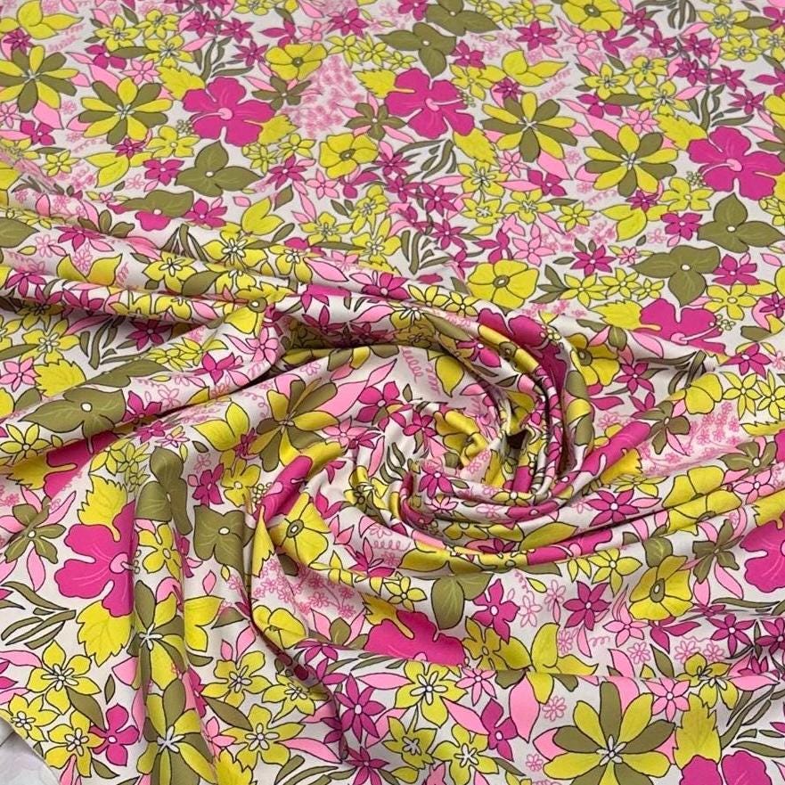 4 Way Stretch Print Nylon Spandex Fabric By The Yard Tricot Swim Wear Bikini Active Wear Yellow Multicolor Daisy 70s Retro Vintage