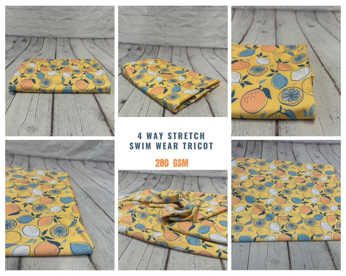 4 Way Stretch Print Spandex Fabric By The Yard Tricot Swim Wear Bikini Abstract Fruit Boho Floral Lemon 280 GSM