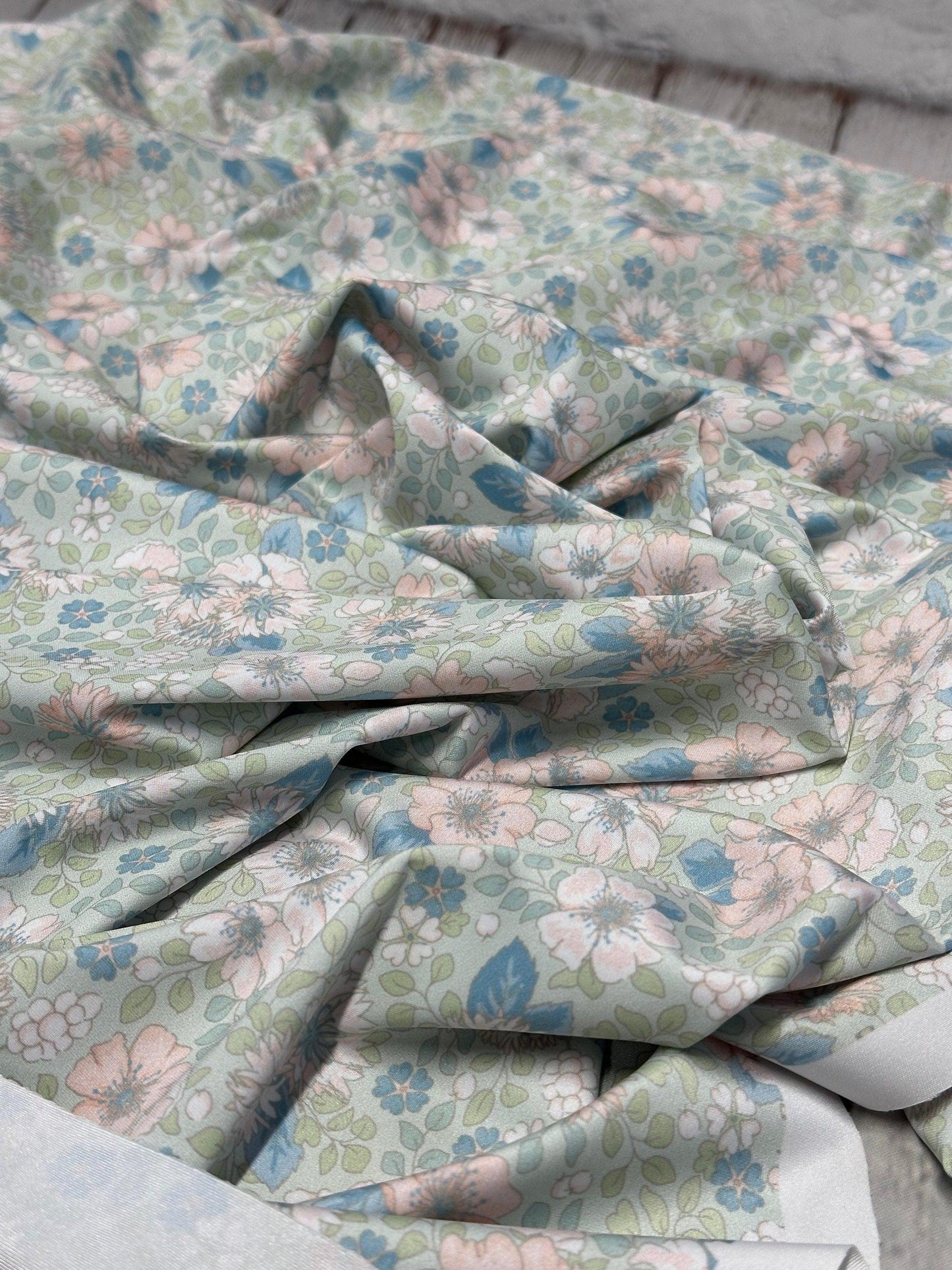 4 Way Stretch Tricot Print Spandex Fabric By The Yard Tricot Swim Wear Bikini Soft Pastel Small Ditsy Flower Foral Sage Rose Daisy