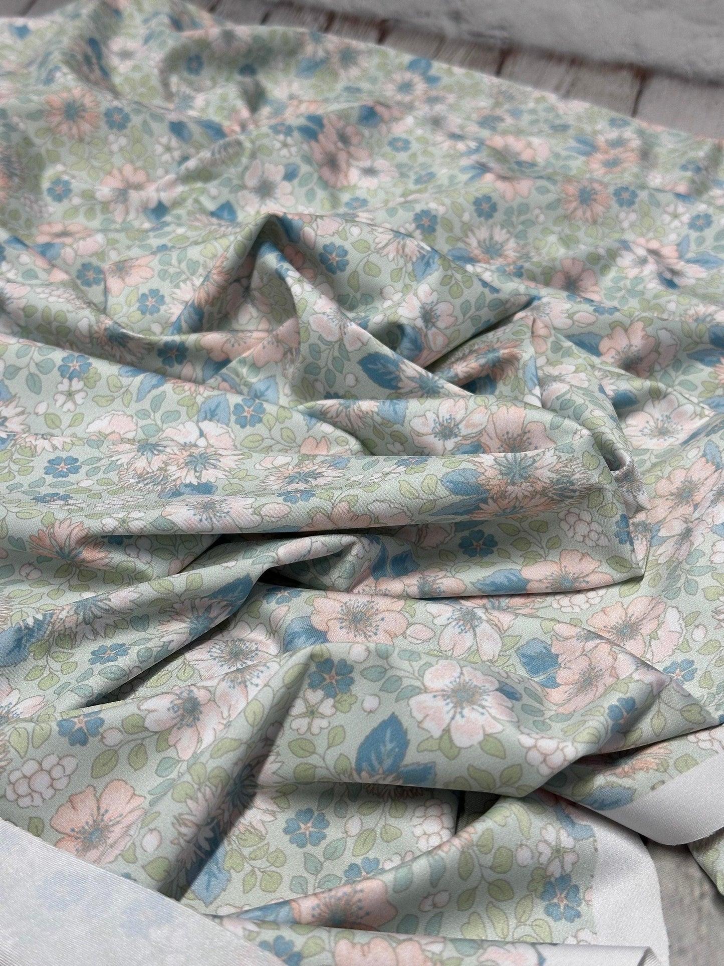 4 Way Stretch Tricot Print Spandex Fabric By The Yard Tricot Swim Wear Bikini Soft Pastel Small Ditsy Flower Foral Sage Rose Daisy