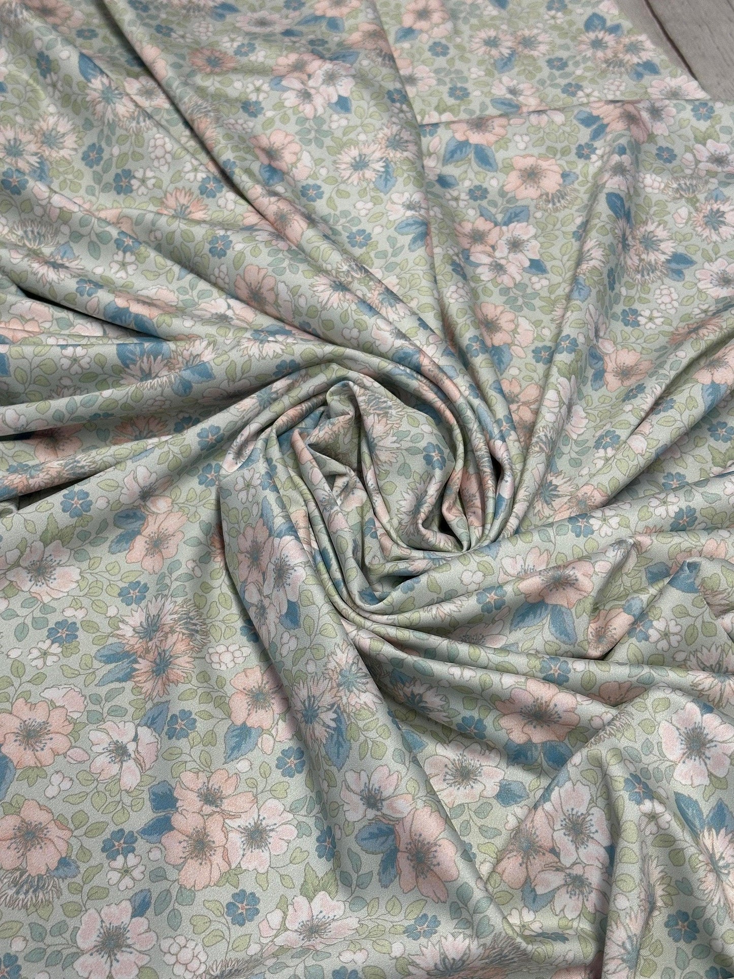 4 Way Stretch Tricot Print Spandex Fabric By The Yard Tricot Swim Wear Bikini Soft Pastel Small Ditsy Flower Foral Sage Rose Daisy