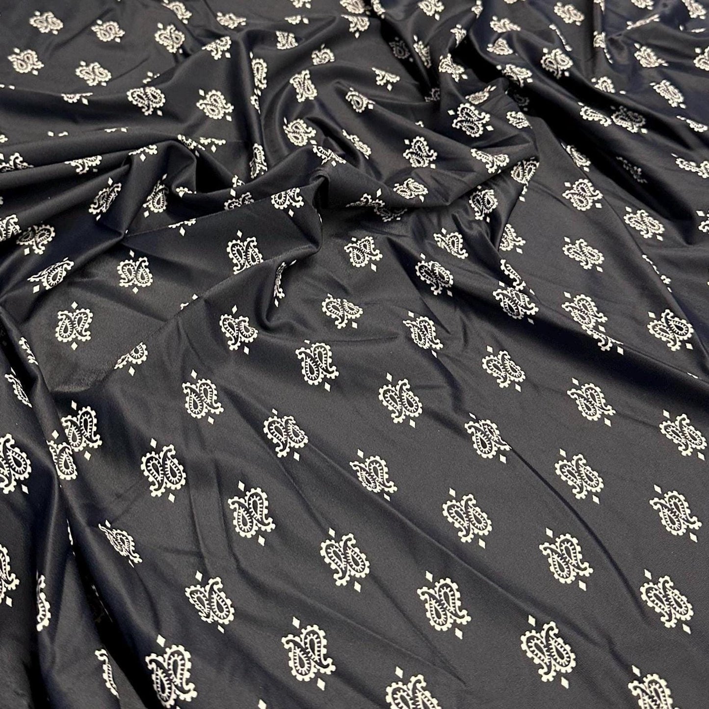 4 Way Stretch Print Nylon Spandex Fabric By The Yard Tricot Swim Wear Bikini Active Wear Black Paisley Print Bandanna