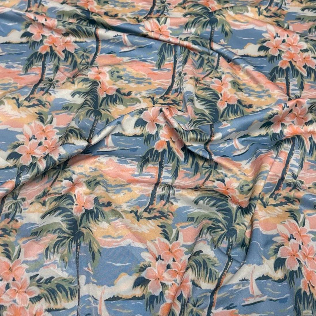 4 Way Stretch Print Spandex Fabric By The Yard Tricot Swim Wear Bikini Tropical Coral Palm Tree Ocean Leaves 280 GSM