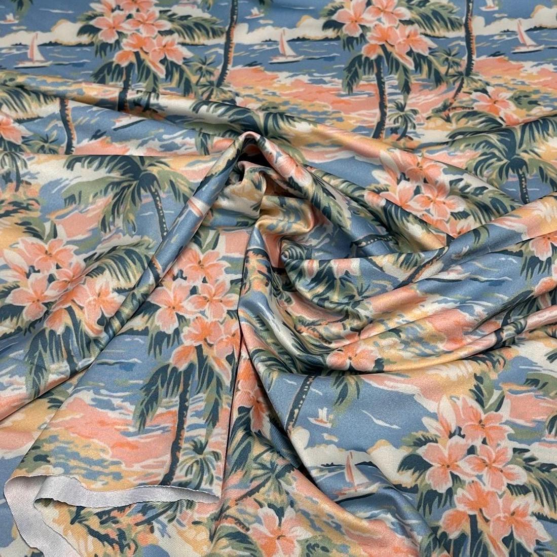4 Way Stretch Print Spandex Fabric By The Yard Tricot Swim Wear Bikini Tropical Coral Palm Tree Ocean Leaves 280 GSM