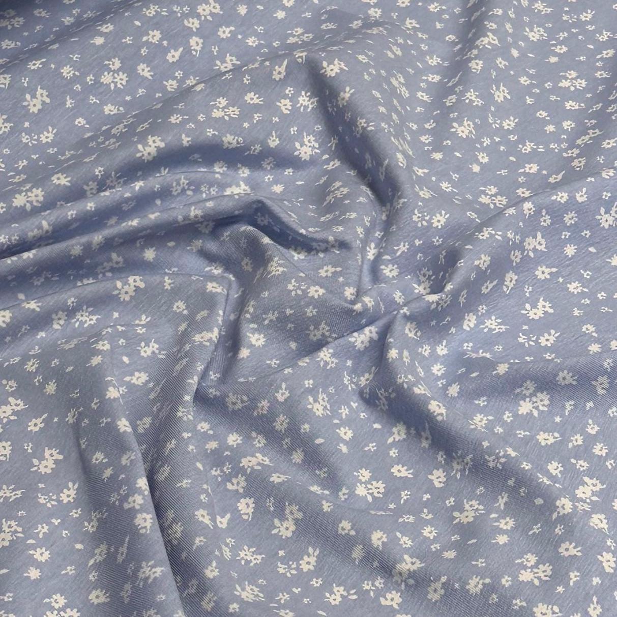 Cotton Spandex Blue White Ditsy Small Floral Print Fabric By The Yard Mini Flower Print