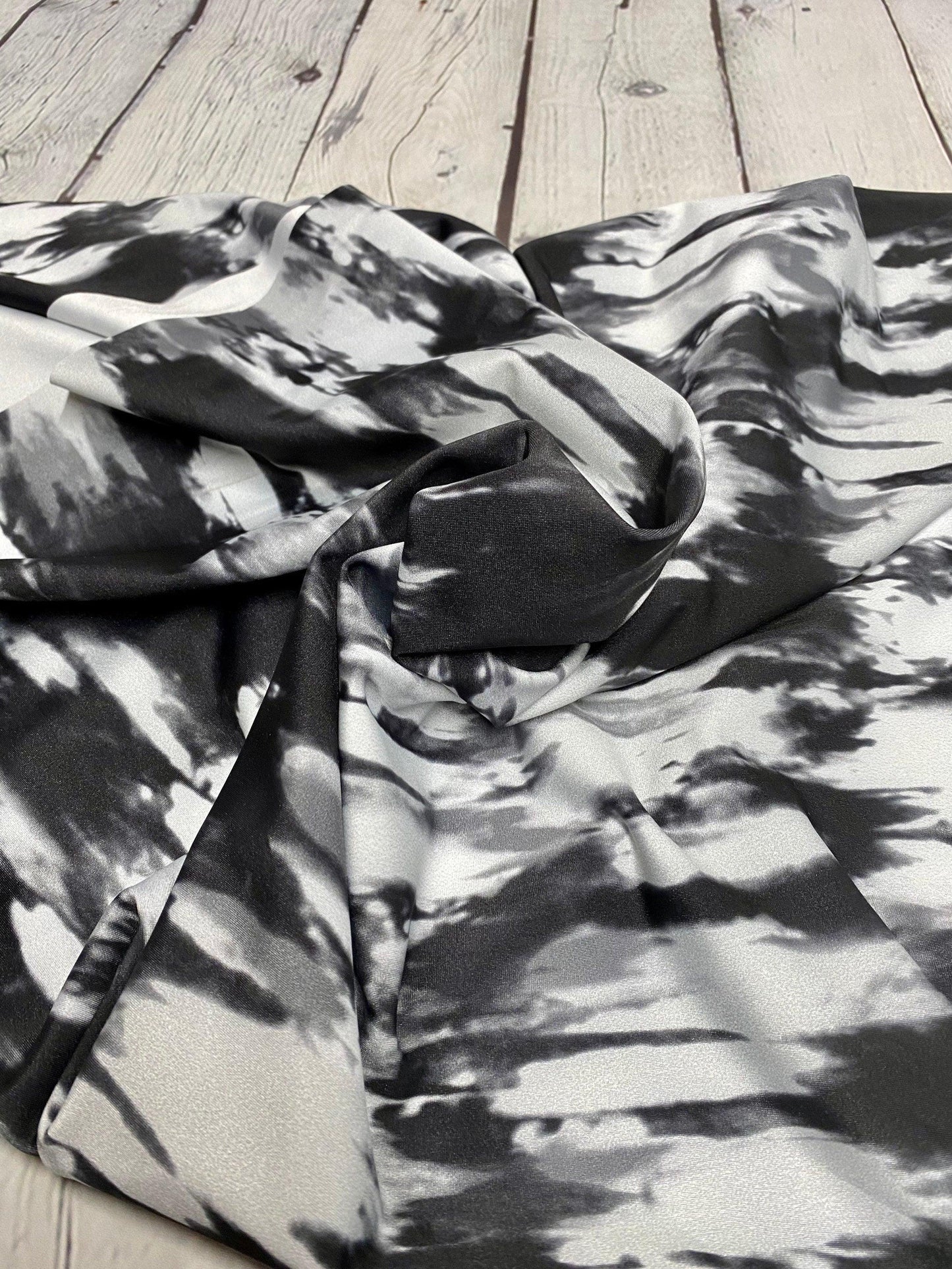 4 Way Stretch Print Nylon Spandex Fabric By The Yard Tricot Swim Wear Bikini Active Wear Space Acid Wash Tie Dye Black White Print 280 GSM
