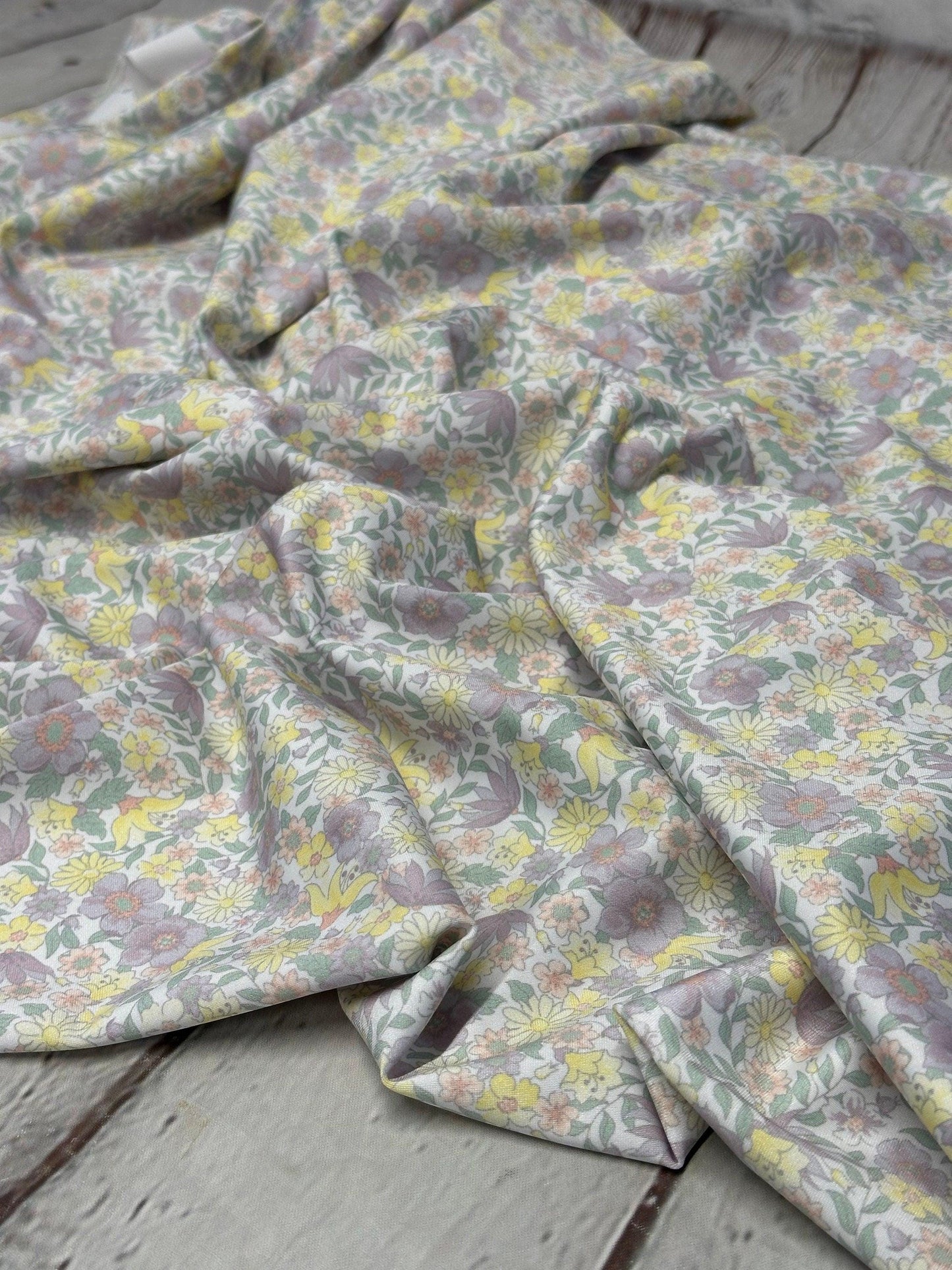 4 Way Stretch Tricot Print Spandex Fabric By The Yard Tricot Swim Wear Bikini Soft Pastel Small Ditsy Flower Foral Lilac Yellow Daisy