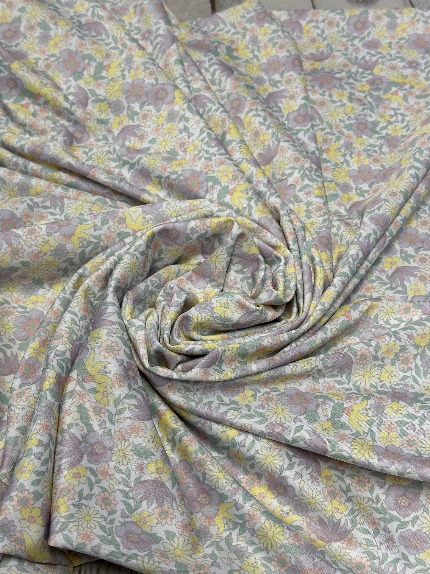 4 Way Stretch Tricot Print Spandex Fabric By The Yard Tricot Swim Wear Bikini Soft Pastel Small Ditsy Flower Foral Lilac Yellow Daisy