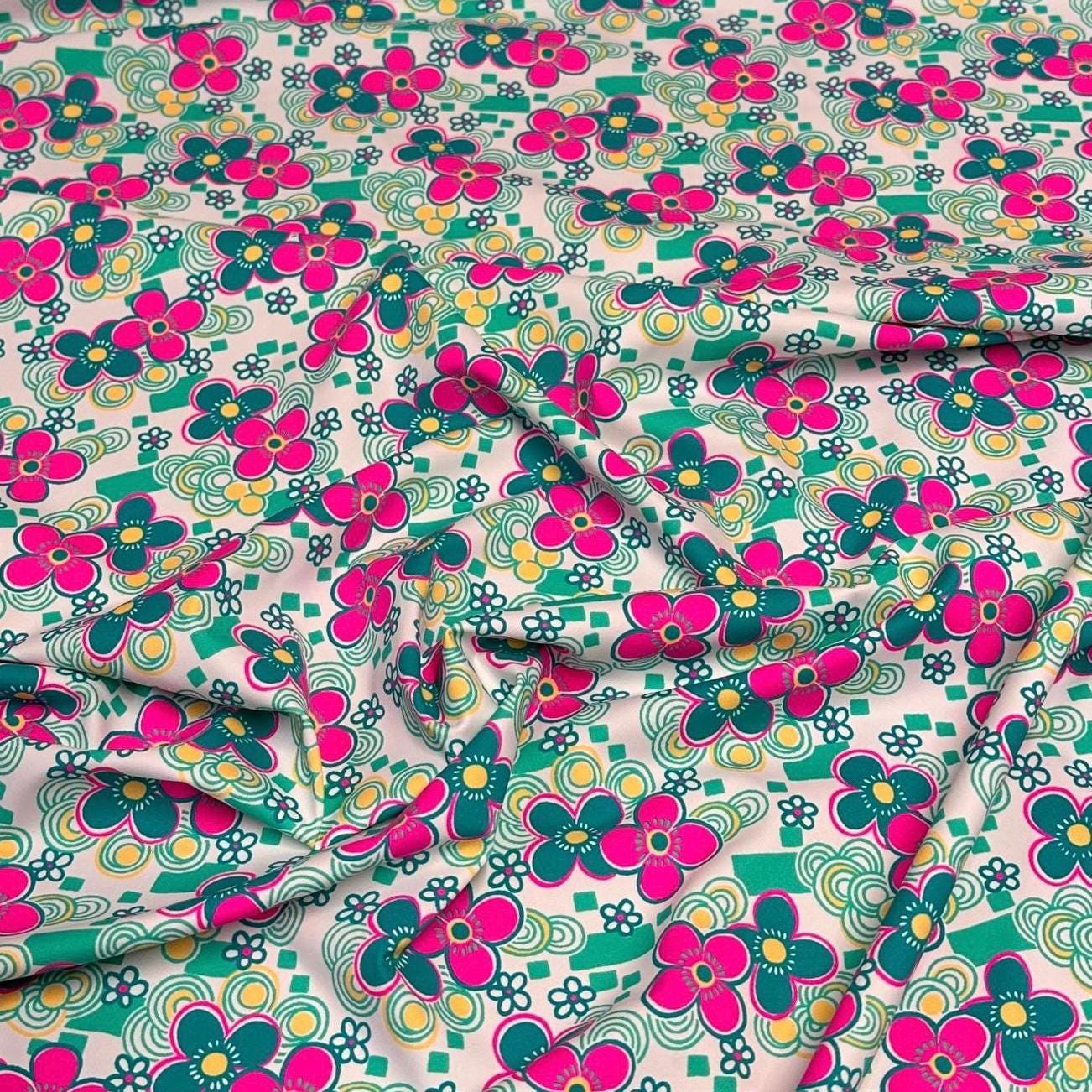 4 Way Stretch Print Nylon Spandex Fabric By The Yard Tricot Swim Wear Bikini Active Wear Jade Pink Multicolor Daisy 70s Retro Vintage