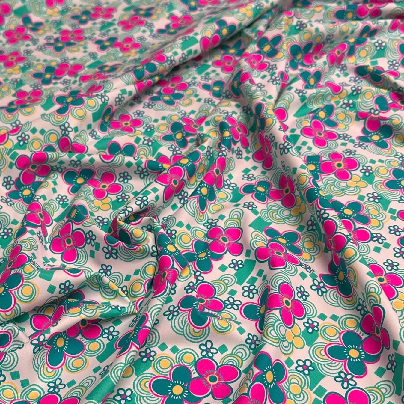 4 Way Stretch Print Nylon Spandex Fabric By The Yard Tricot Swim Wear Bikini Active Wear Jade Pink Multicolor Daisy 70s Retro Vintage