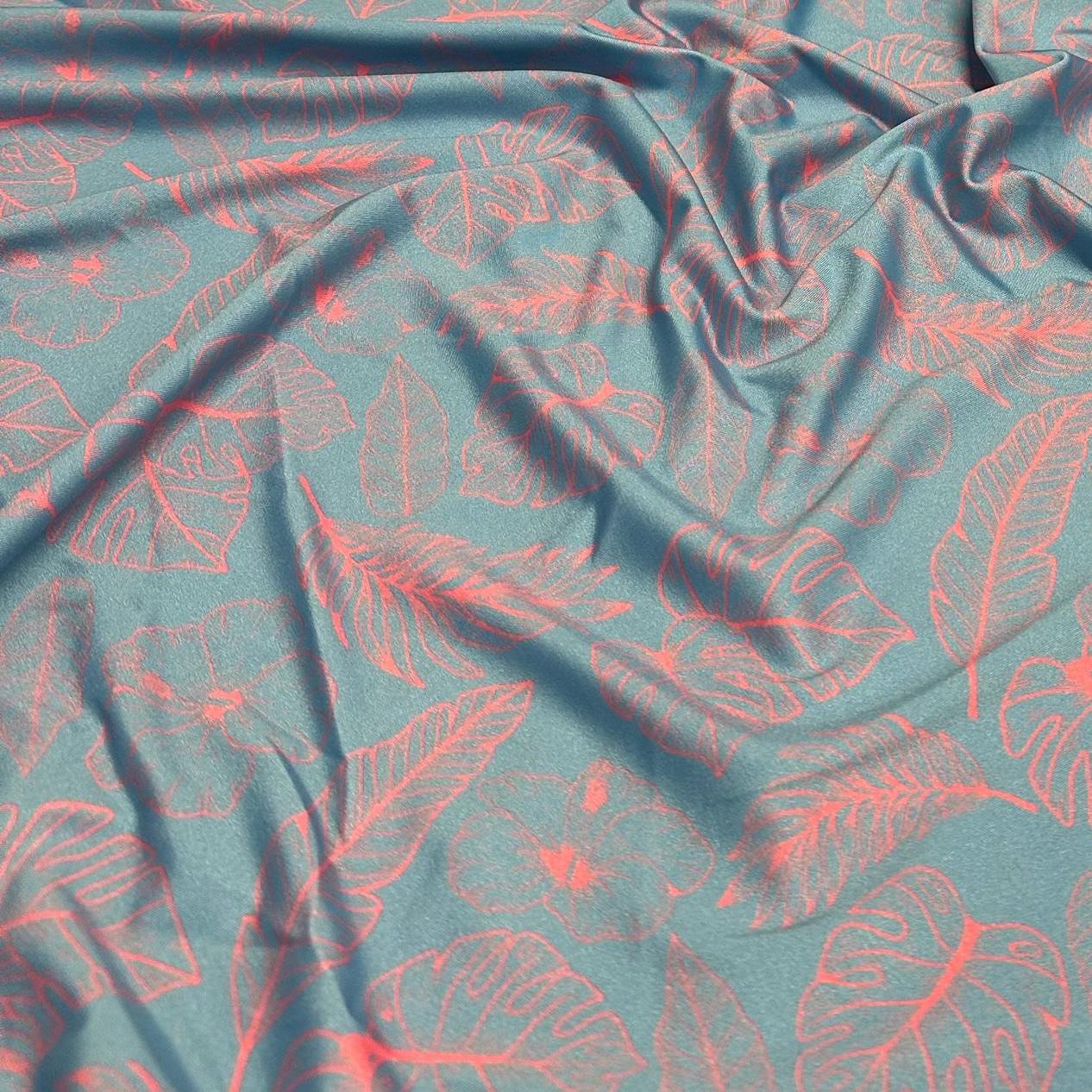 4 Way Stretch Print Spandex Fabric By The Yard Tricot Swim Wear Bikini Tropical Teal Green Mauve Floral Hawaii