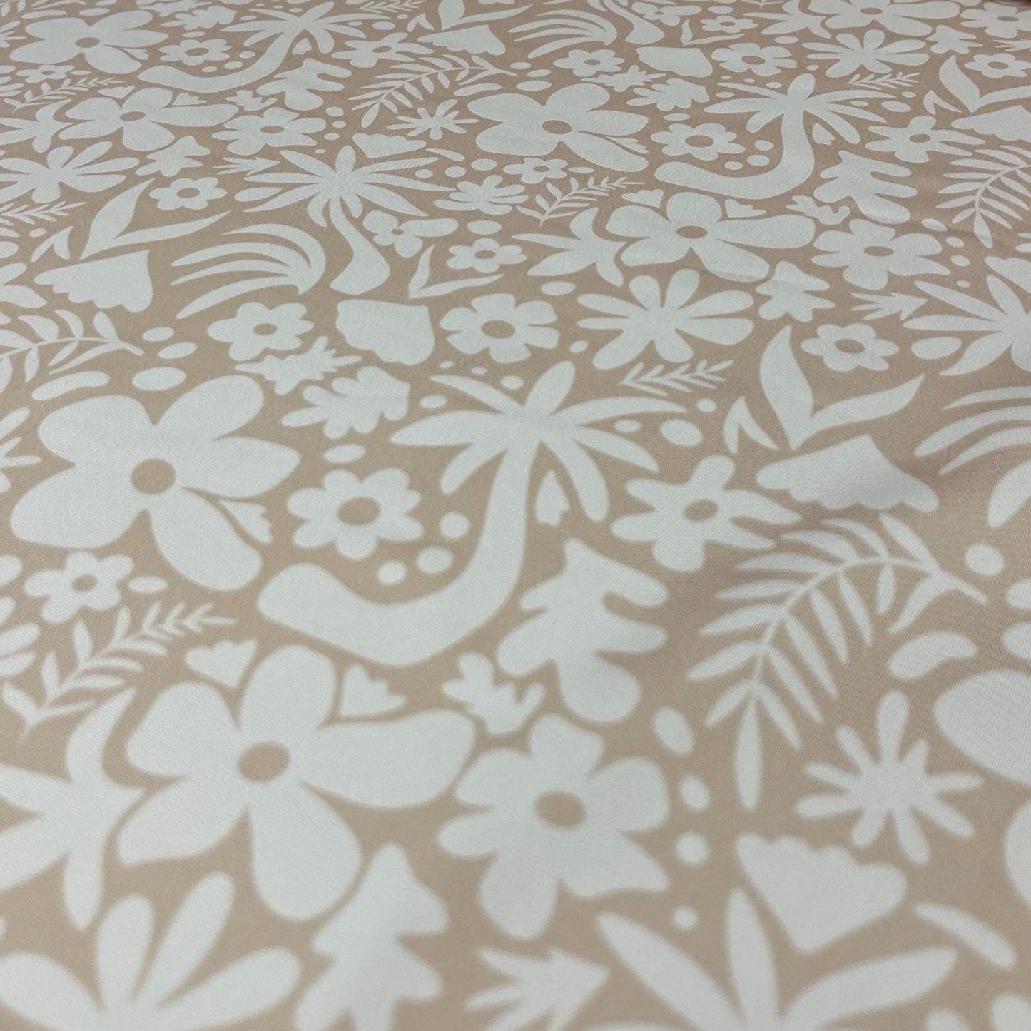 4 Way Stretch Print Spandex Fabric By The Yard Tricot Swim Wear Bikini Abstract Hibiscus Flower Tropical Leaf Floral Nude Beige