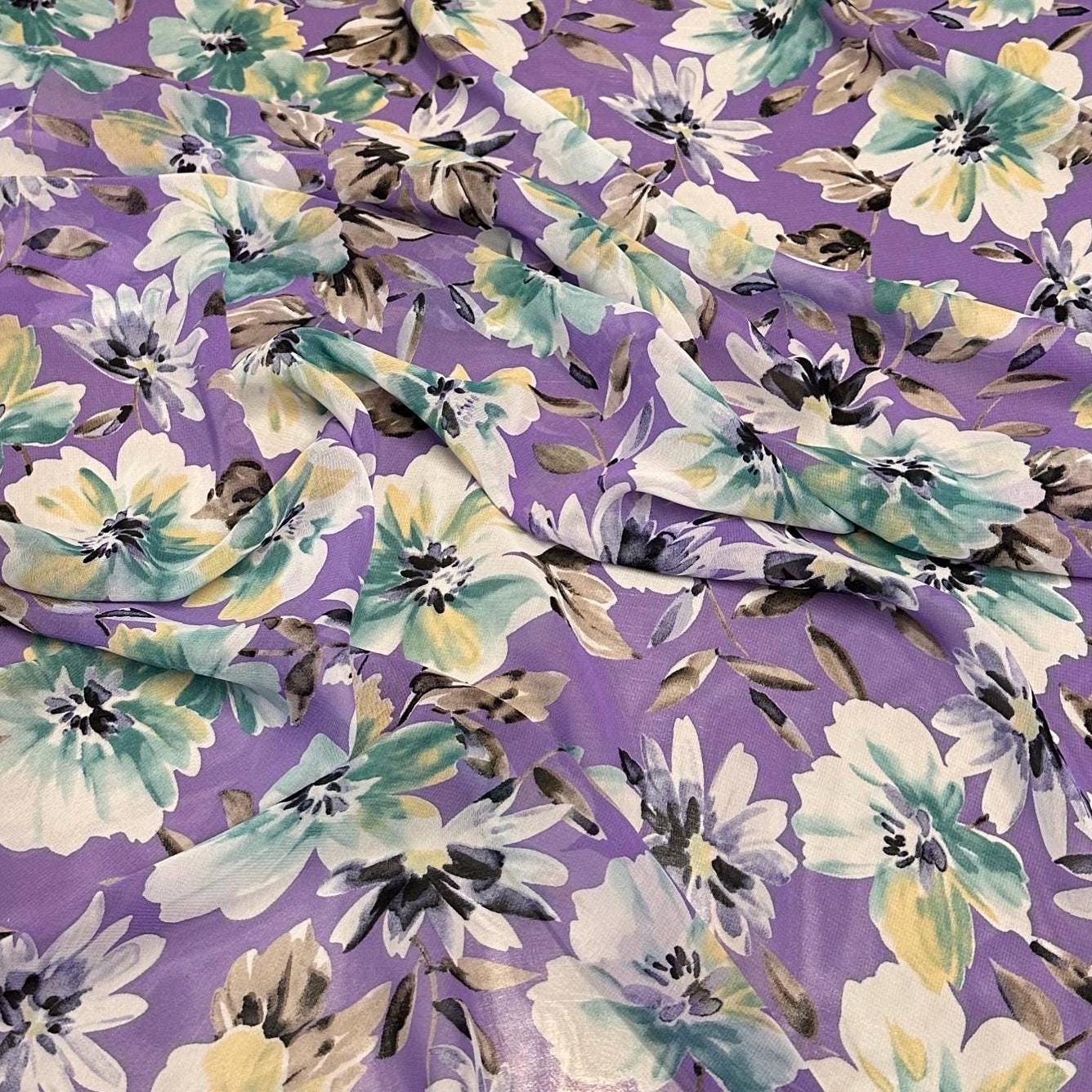 Polyester Chiffon Woven Print Fabric By The Yard Purple Flower Summer  Floral Print Summer Flowy Dress