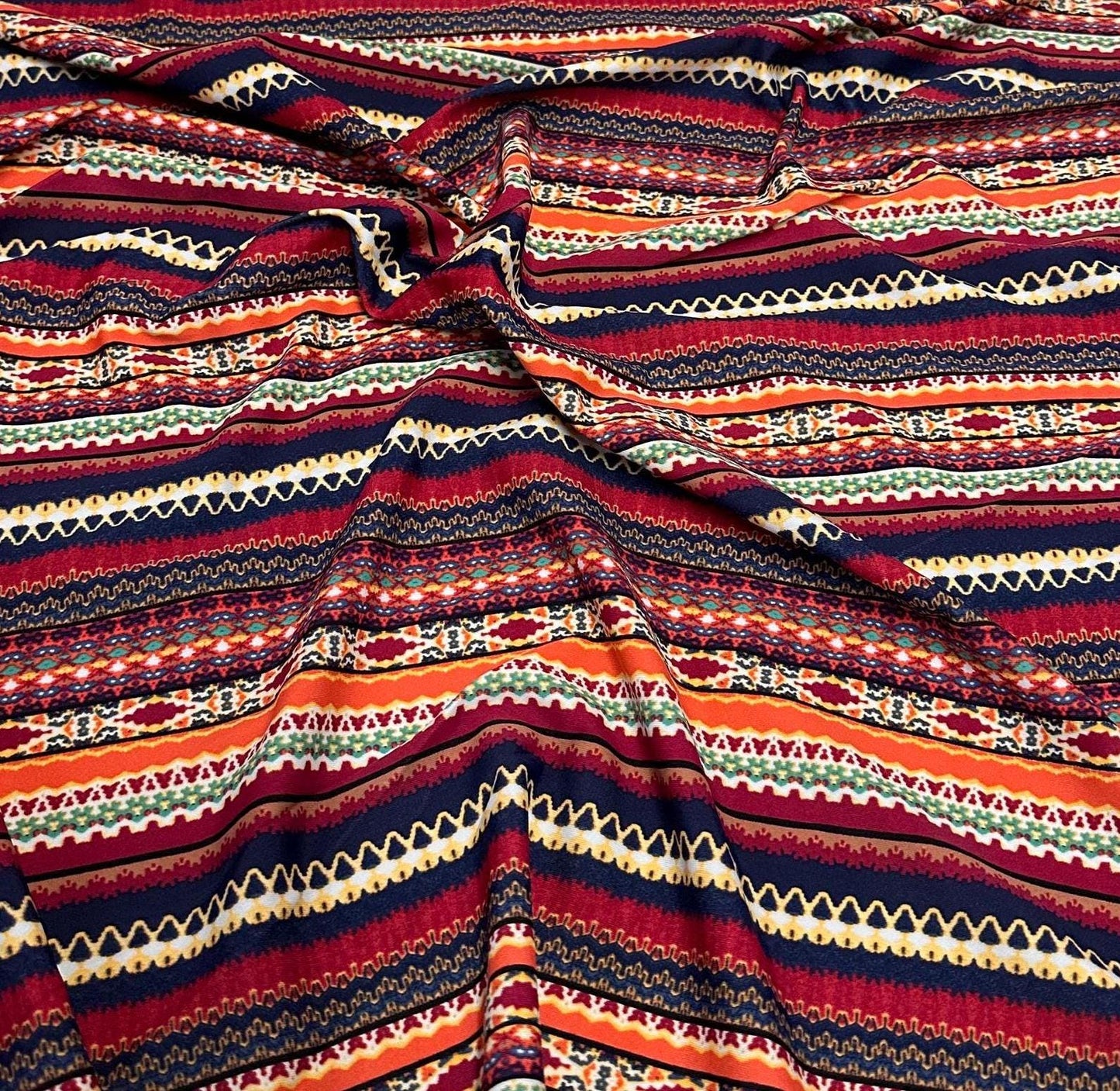 4 Way Stretch Print Nylon Spandex Fabric By The Yard Tricot Swim Wear Bikini Active Wear Multi Color Stripe Geometric Rust Navy Rustic