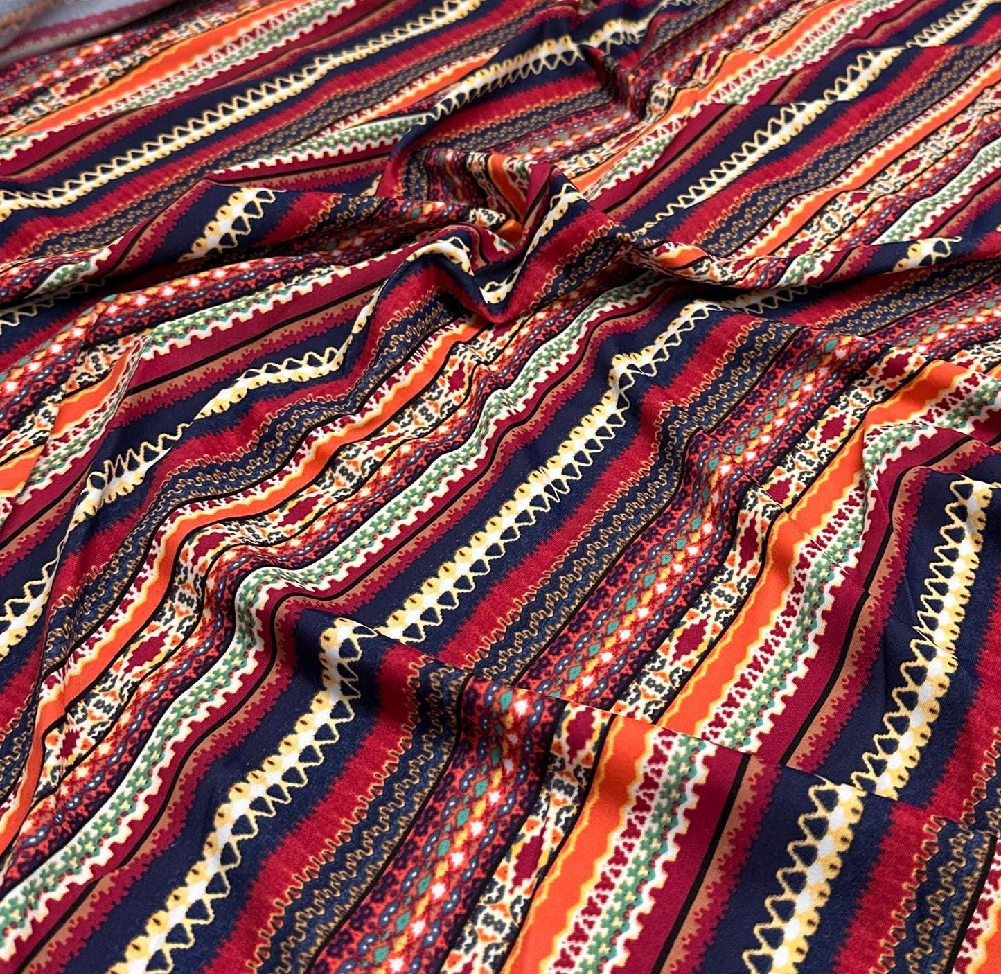 4 Way Stretch Print Nylon Spandex Fabric By The Yard Tricot Swim Wear Bikini Active Wear Multi Color Stripe Geometric Rust Navy Rustic