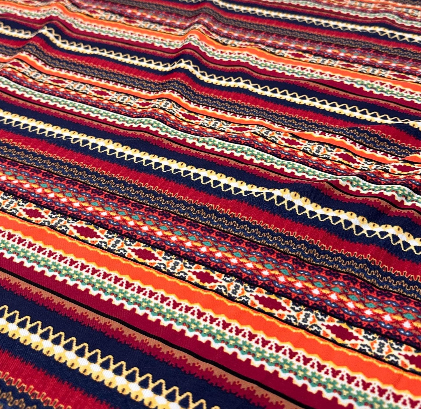 4 Way Stretch Print Nylon Spandex Fabric By The Yard Tricot Swim Wear Bikini Active Wear Multi Color Stripe Geometric Rust Navy Rustic
