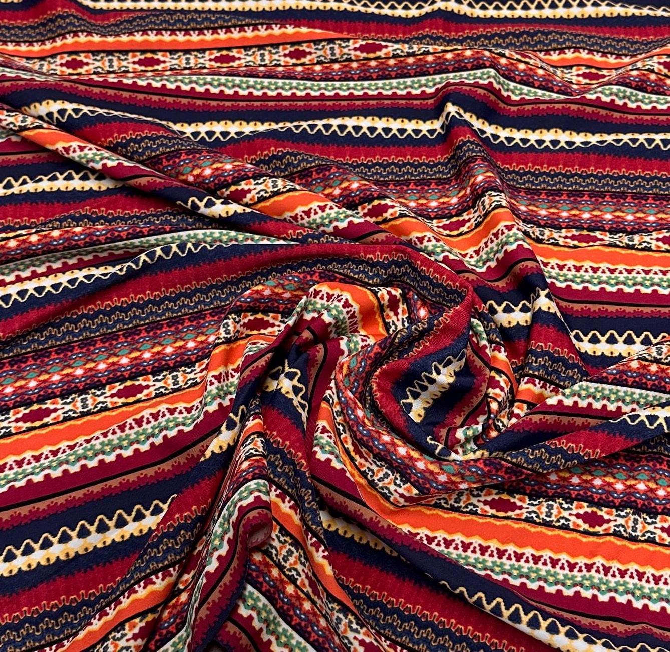 4 Way Stretch Print Nylon Spandex Fabric By The Yard Tricot Swim Wear Bikini Active Wear Multi Color Stripe Geometric Rust Navy Rustic