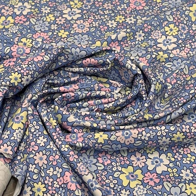 4 Way Stretch Print Nylon Spandex Fabric By The Yard Tricot Swim Wear Bikini Active Wear Mini Multicolor Floral Daisy Blue