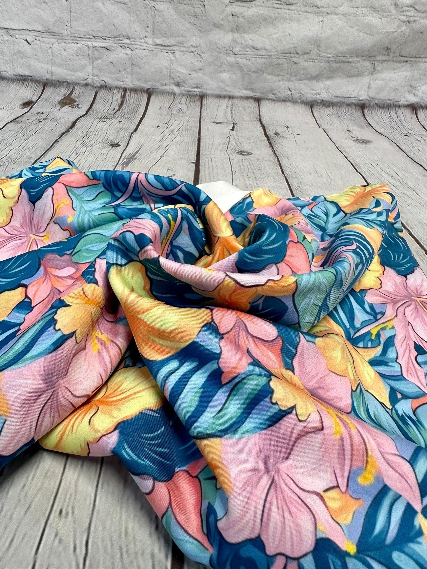 4 Way Stretch Print Spandex Fabric By The Yard Tricot Swim Wear Bikini Bright Yellow Pink Tropical Floral Flower