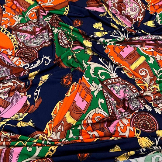 Venezia Poly Spandex Print Luxury Baroque-Inspired Print Elegant and Sophisticated Design Chains By The Yard Navy Orange