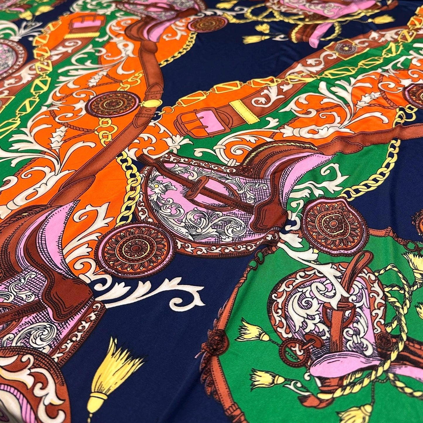 Venezia Poly Spandex Print Luxury Baroque-Inspired Print Elegant and Sophisticated Design Chains By The Yard Navy Orange
