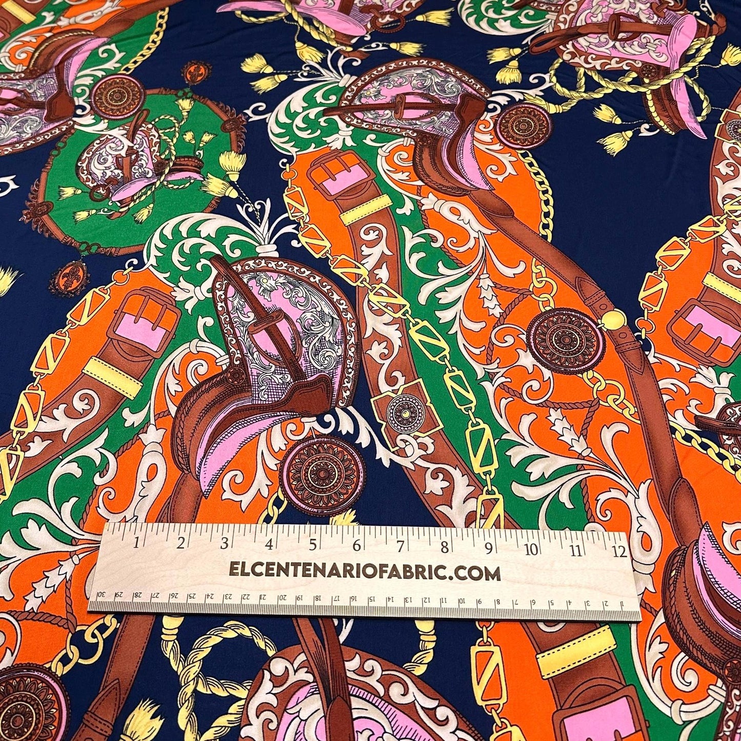 Venezia Poly Spandex Print Luxury Baroque-Inspired Print Elegant and Sophisticated Design Chains By The Yard Navy Orange