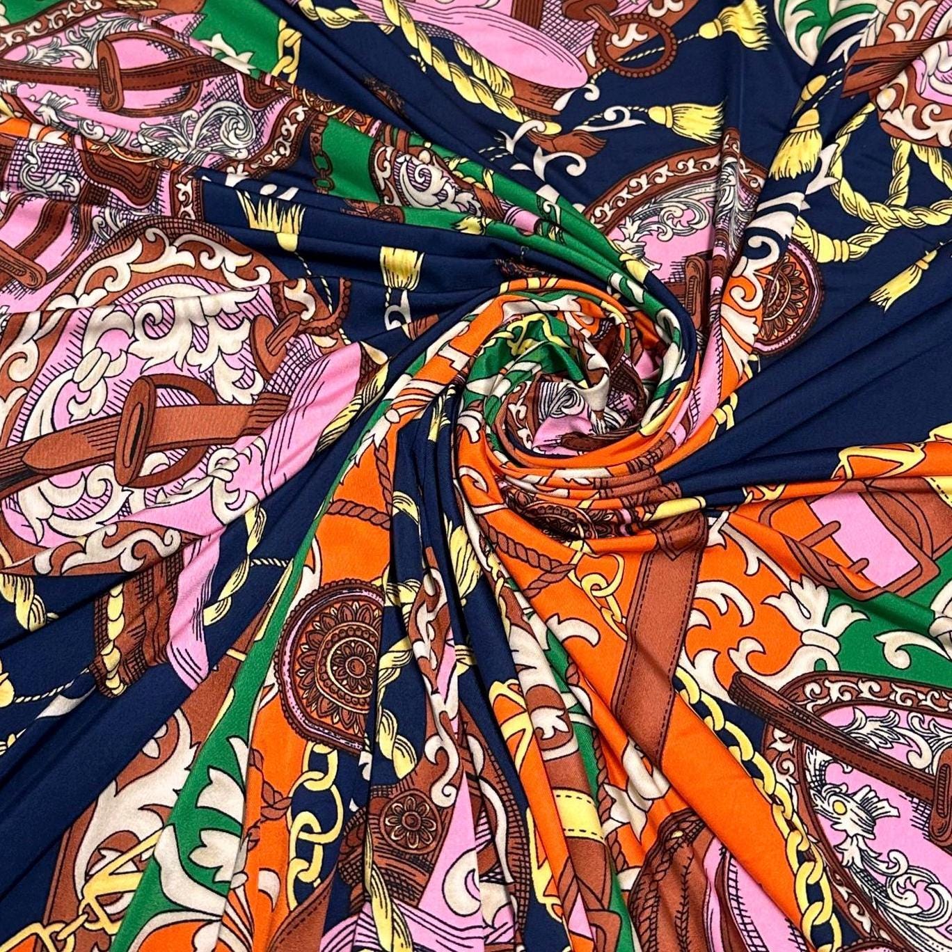 Venezia Poly Spandex Print Luxury Baroque-Inspired Print Elegant and Sophisticated Design Chains By The Yard Navy Orange